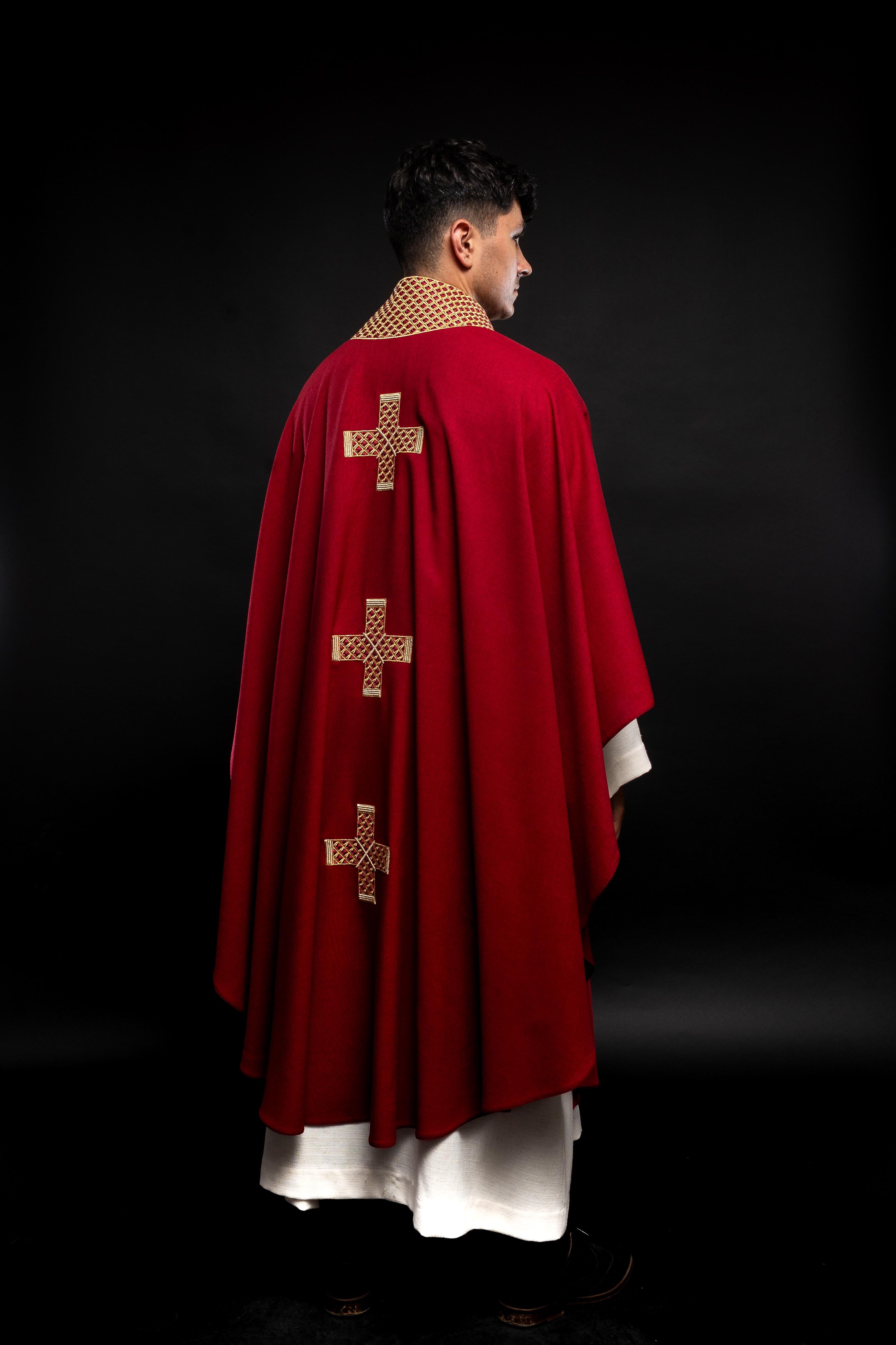 Dark red chasuble with decorative gold collar