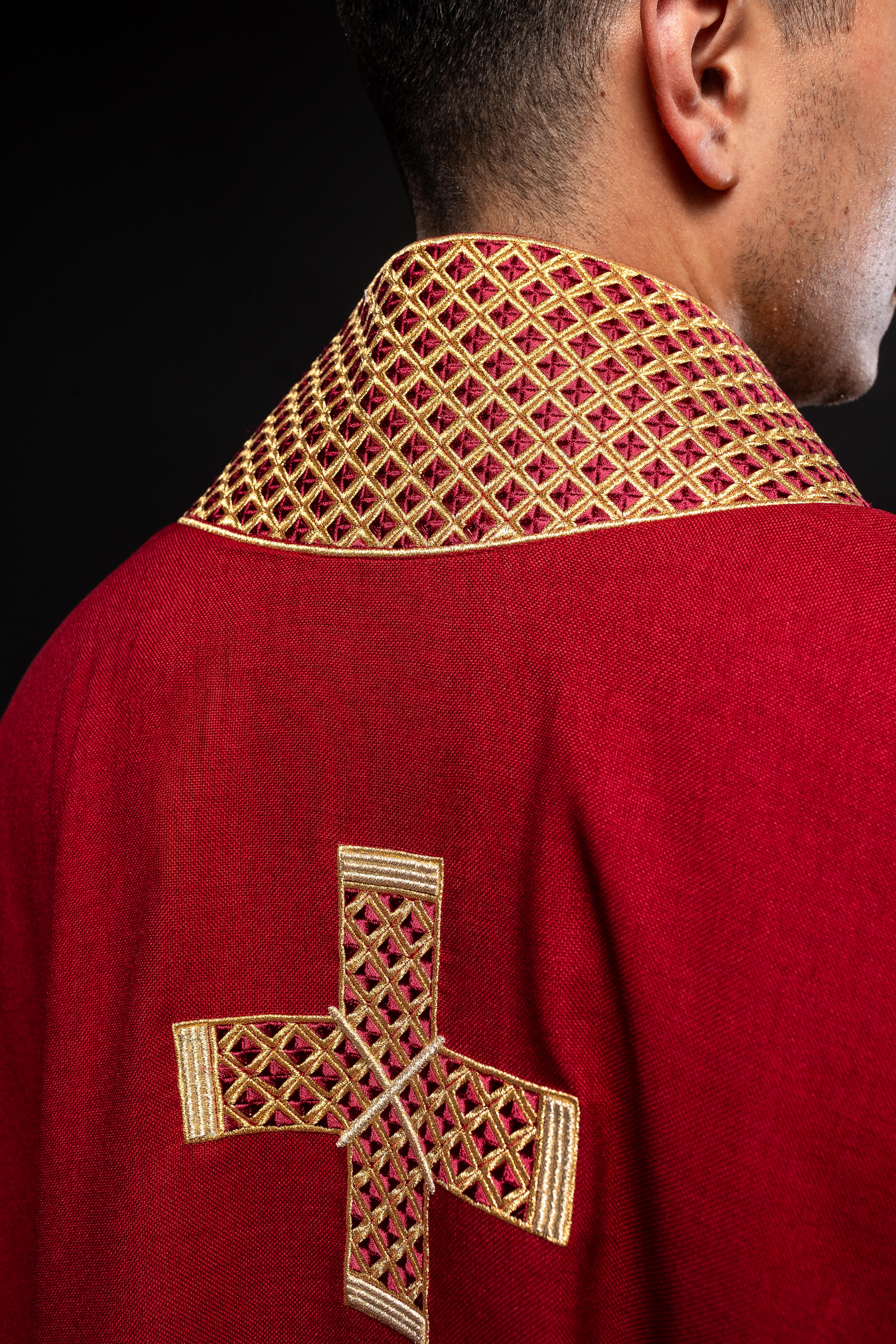 Dark red chasuble with decorative gold collar