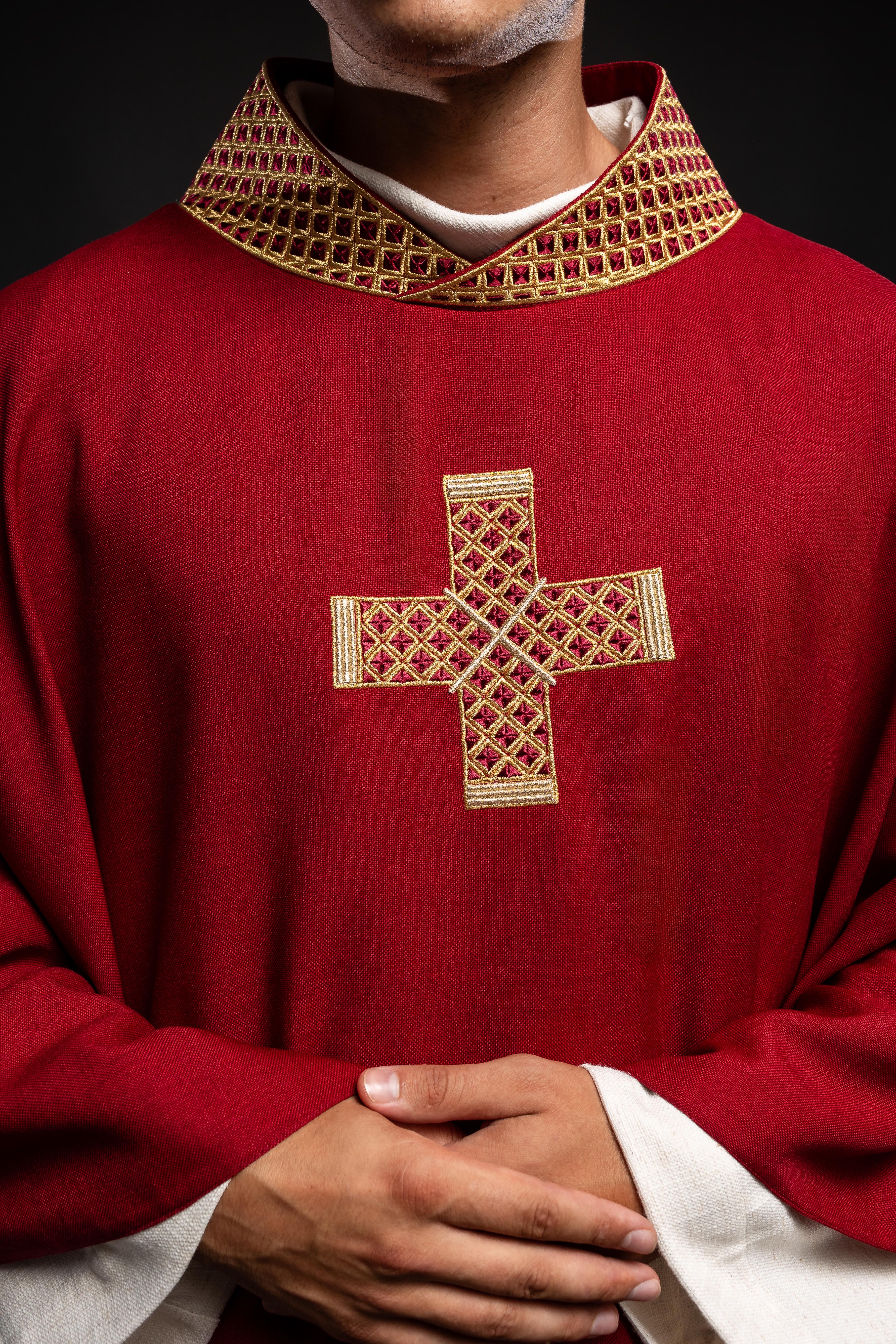 Dark red chasuble with decorative gold collar