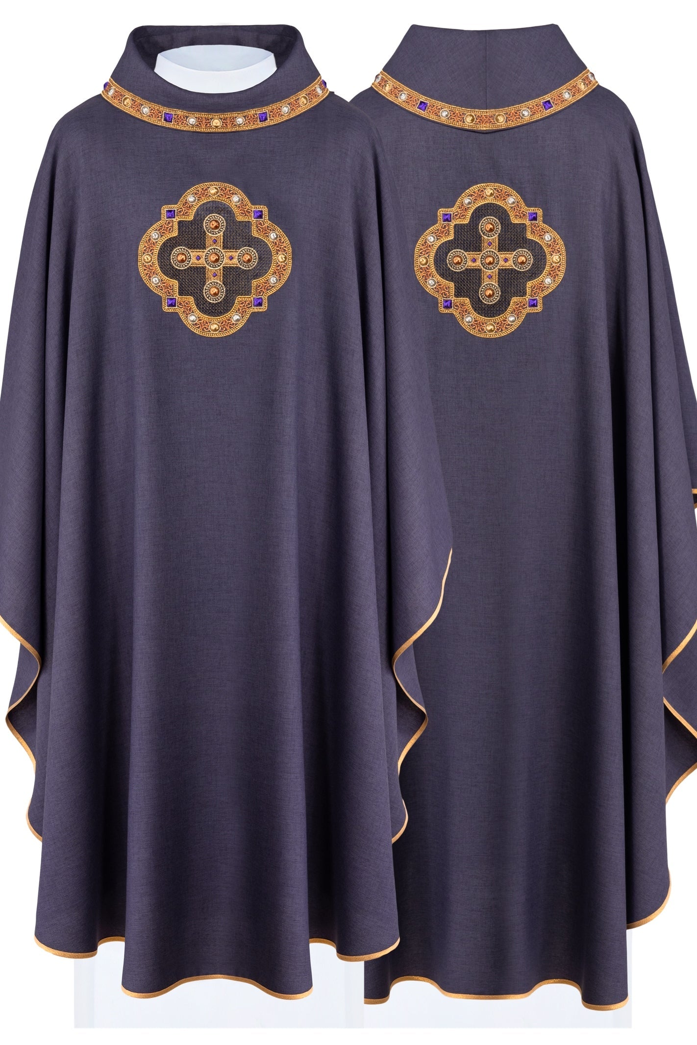 Chasuble in purple with embroidered piping on the collar and around the embroidery of the cros