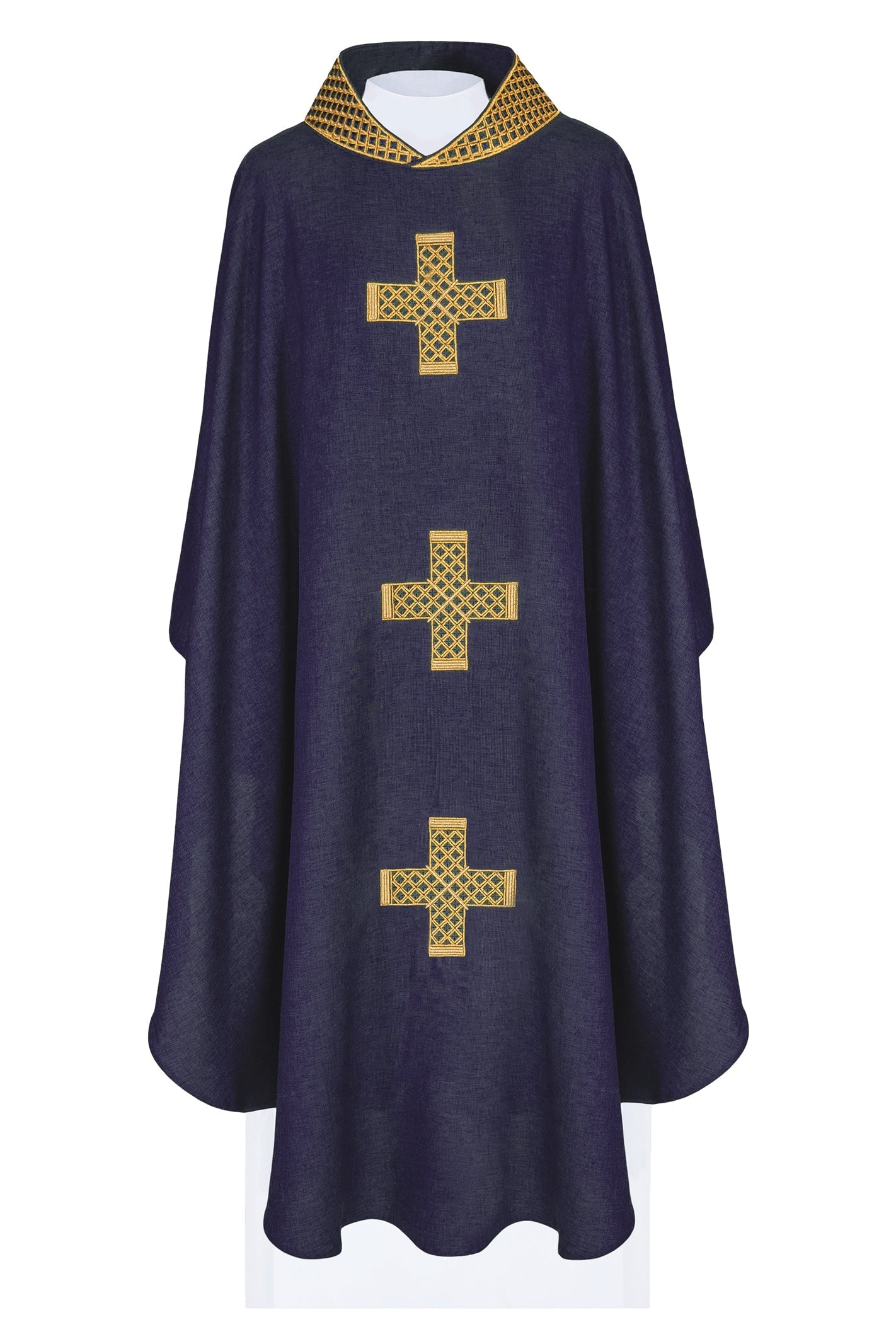 Dark purple chasuble with embroidered crosses