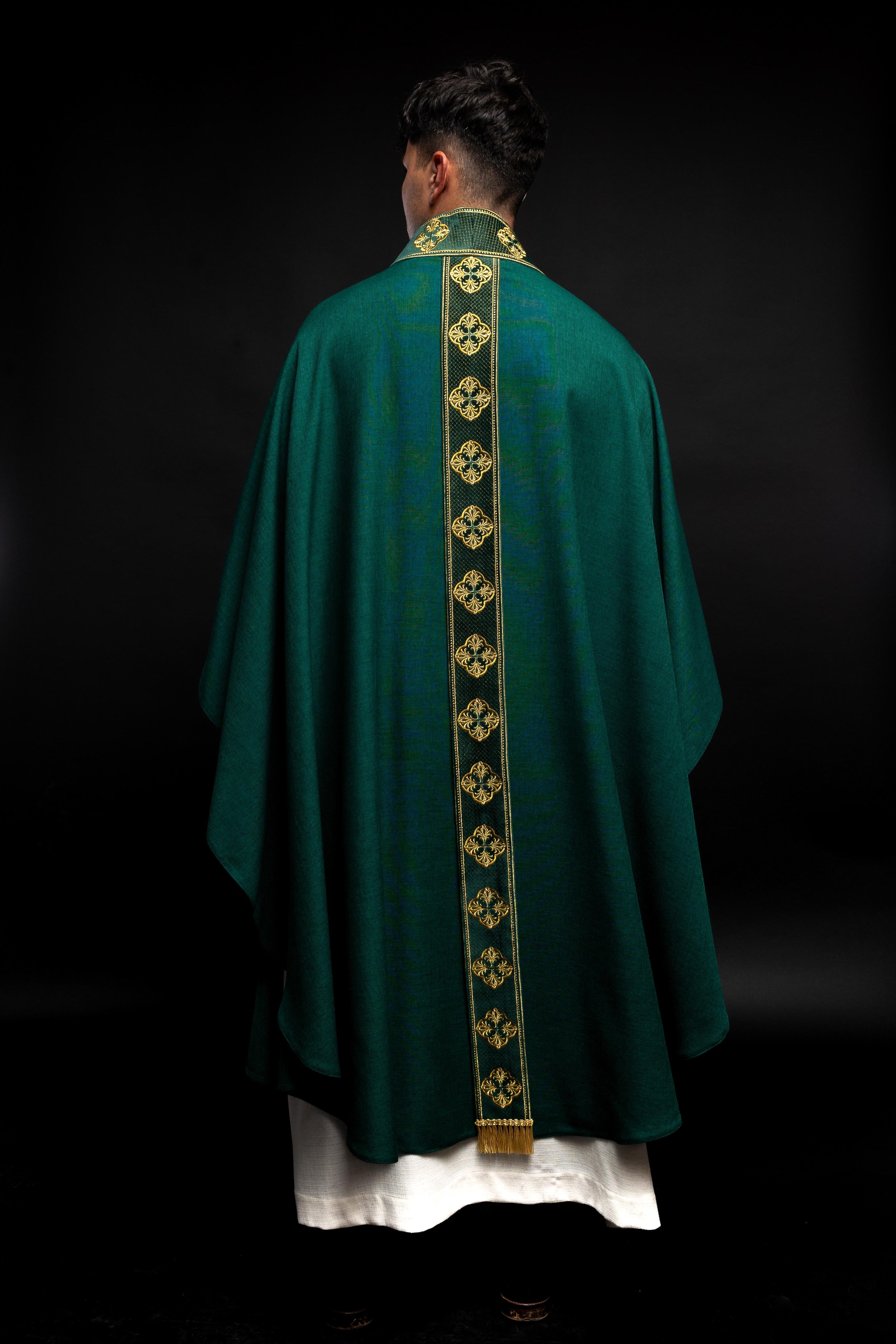 Green gothic chasuble with classic narrow orphrey