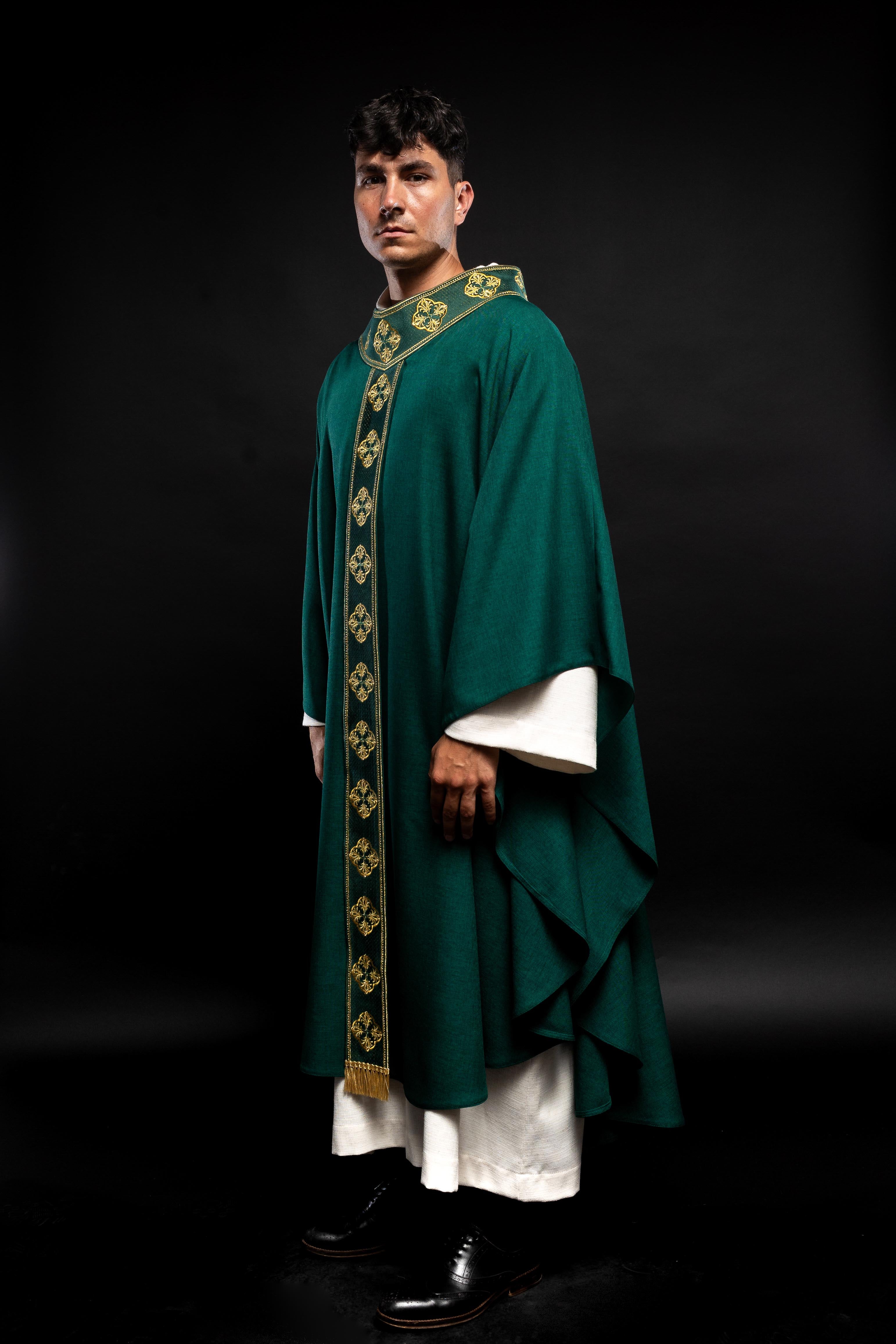 Green gothic chasuble with classic narrow orphrey