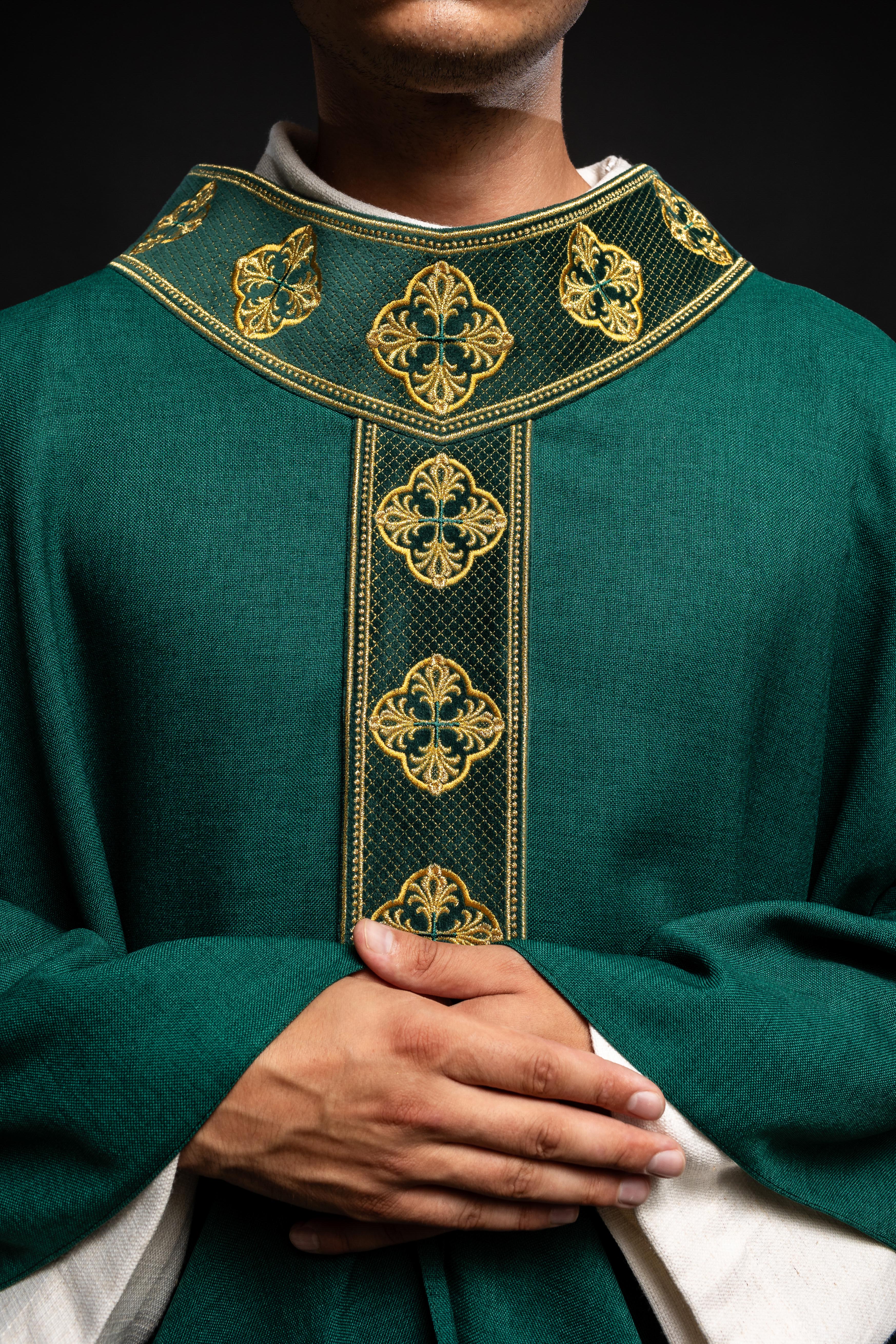 Green gothic chasuble with classic narrow orphrey