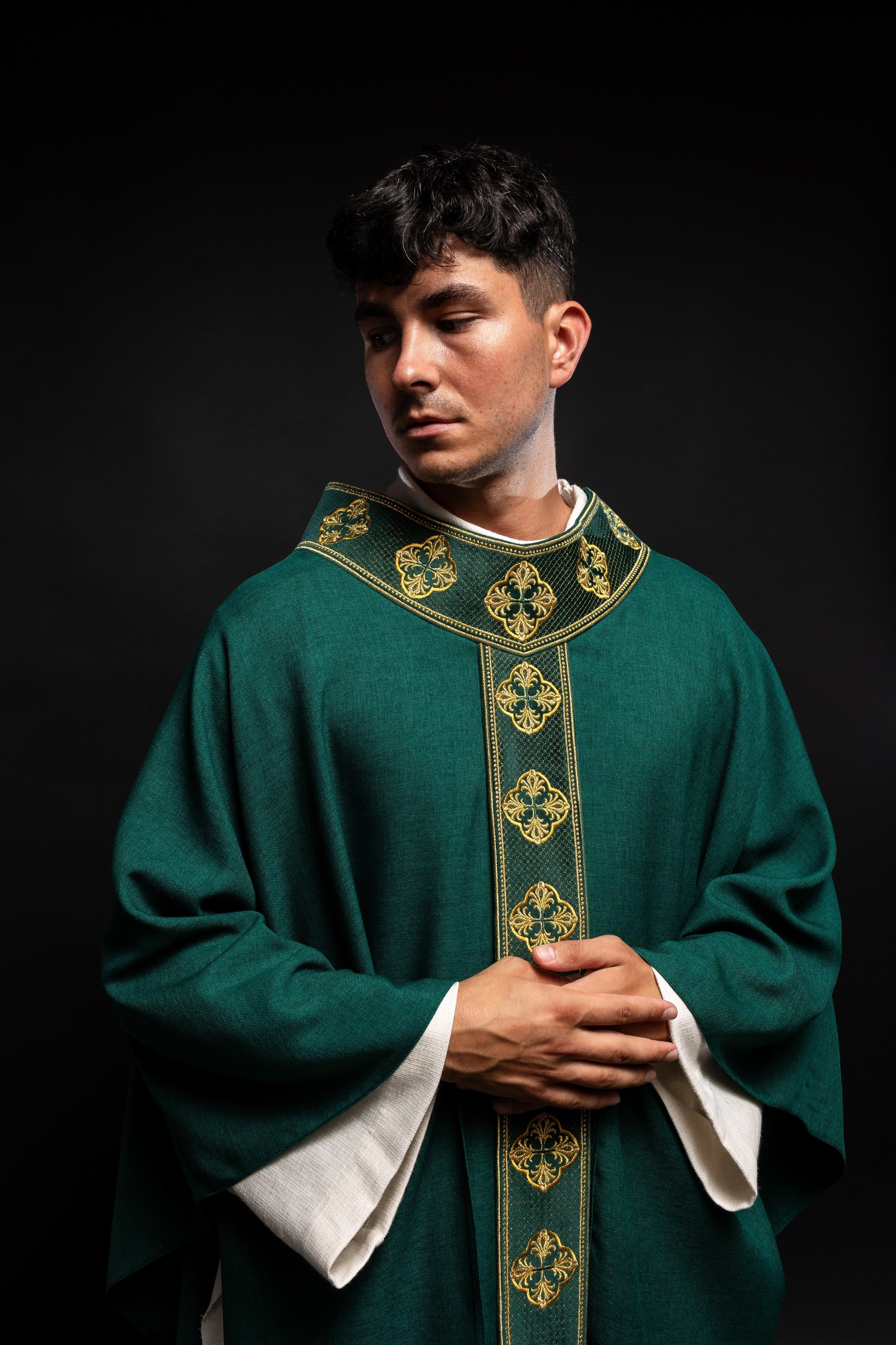 Green gothic chasuble with classic narrow orphrey