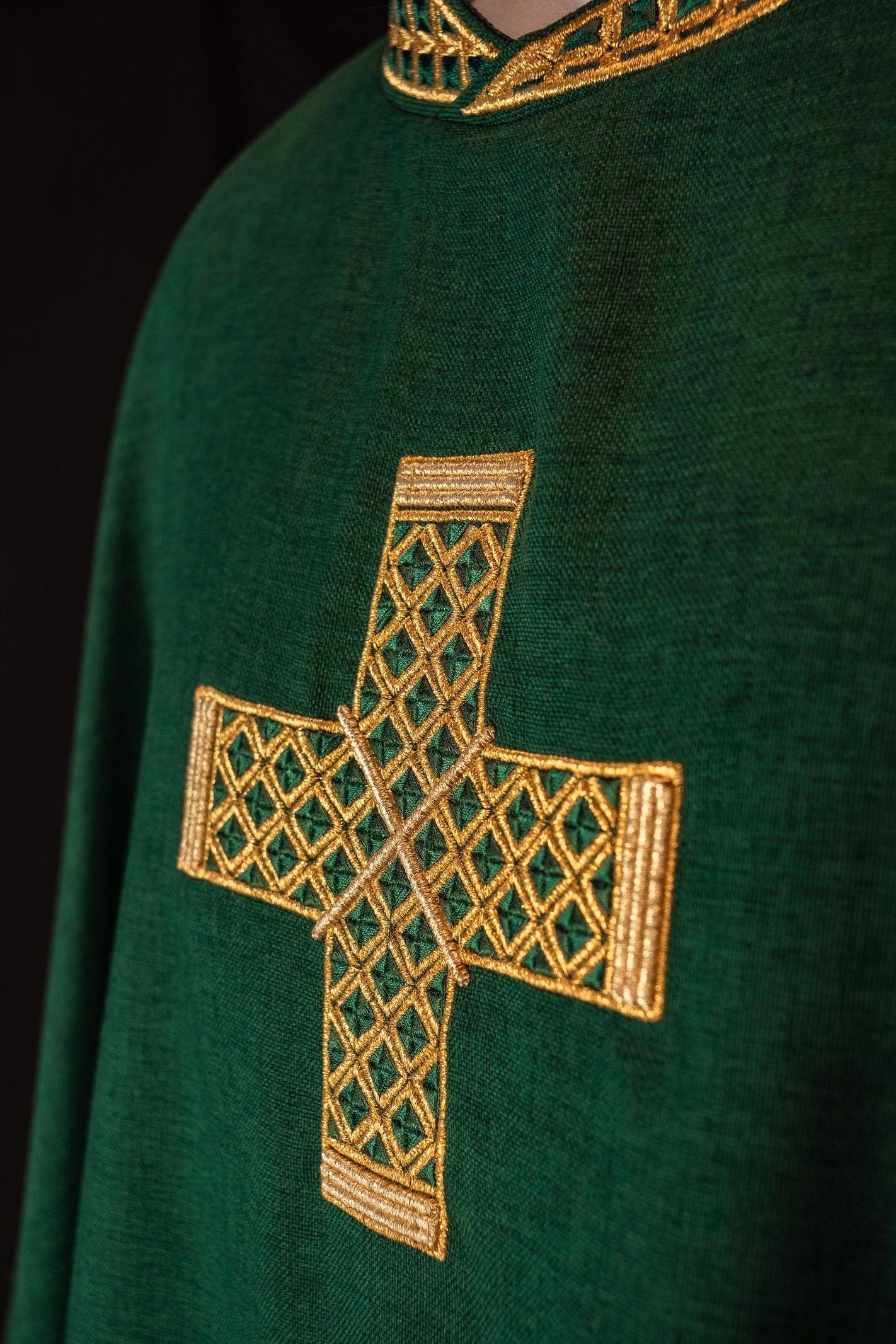 Green chasuble with embroidered gold crosses and collar