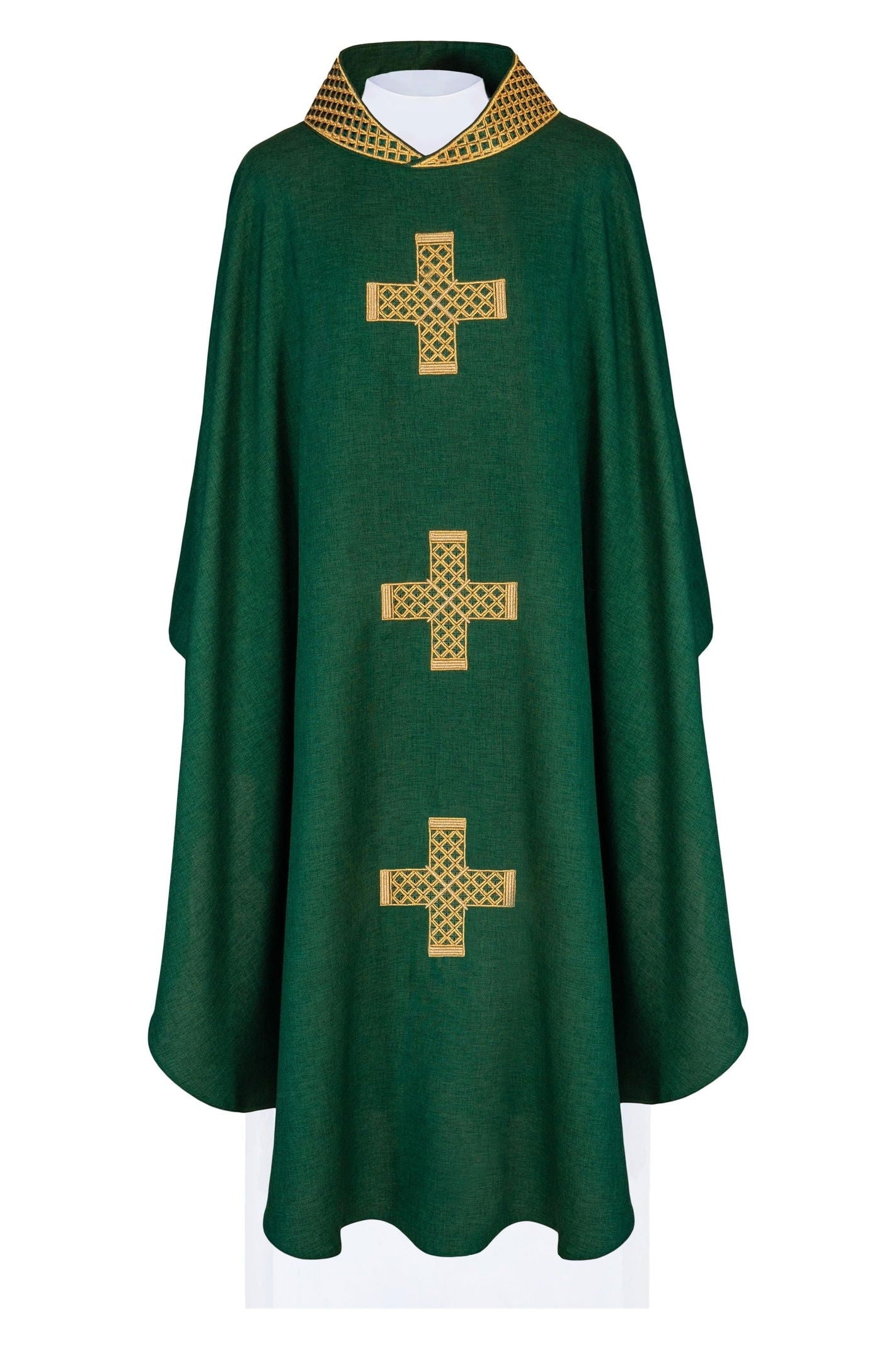 Green chasuble with embroidered gold crosses and collar