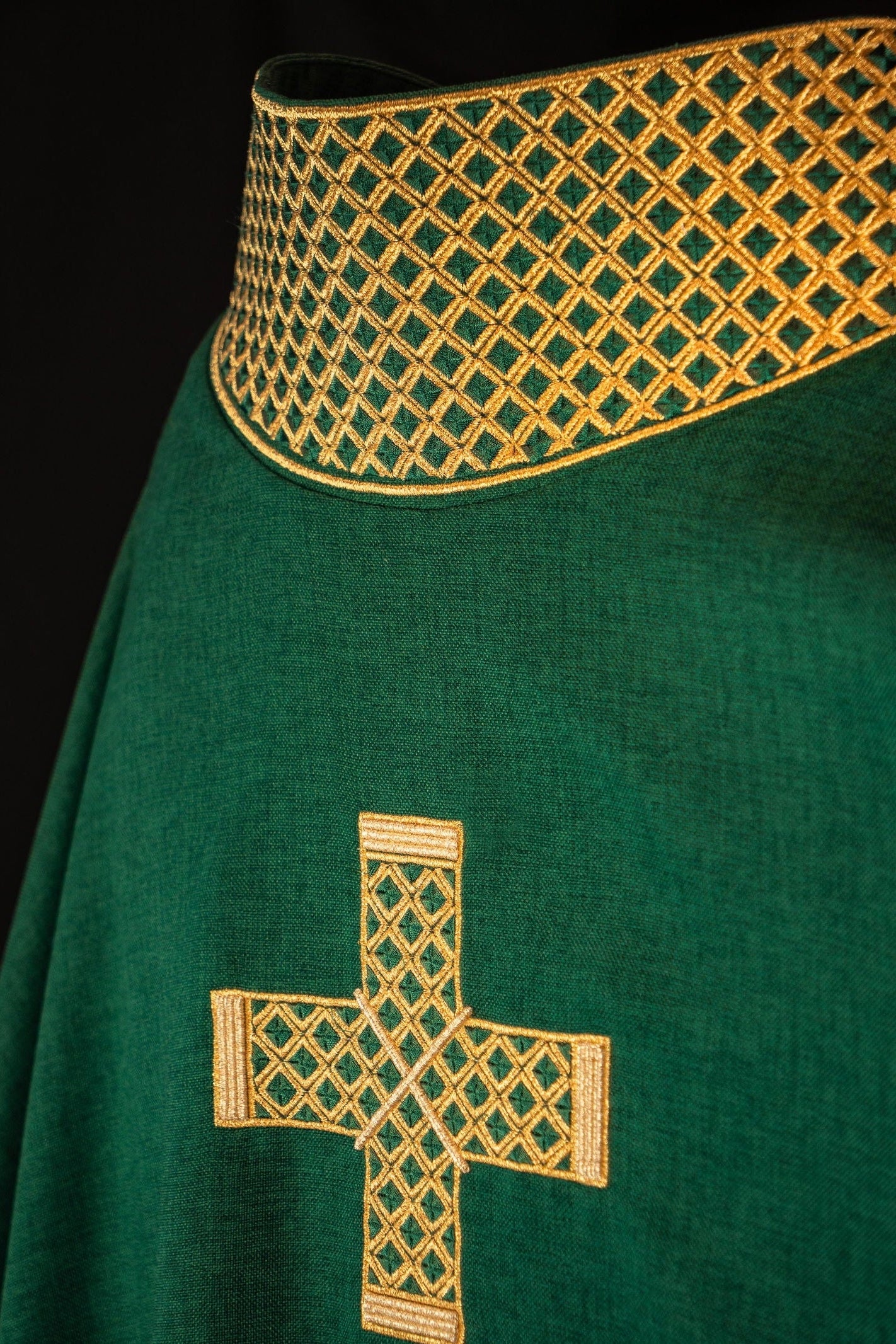 Green chasuble with embroidered gold crosses and collar