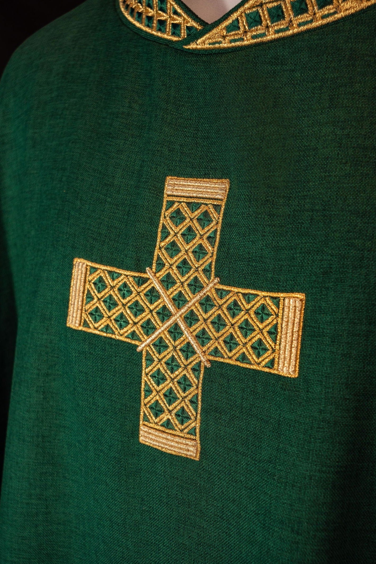 Green chasuble with embroidered gold crosses and collar