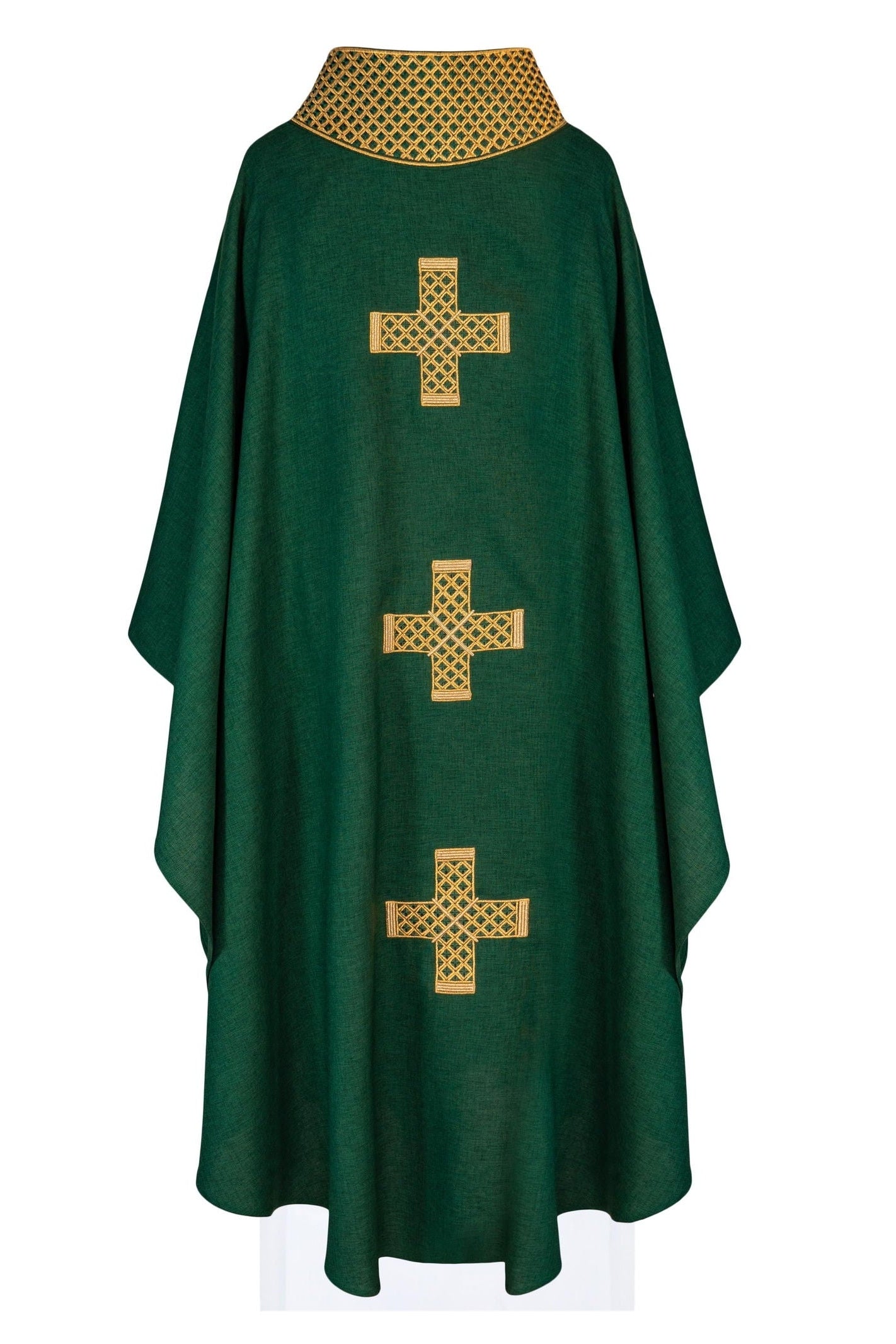 Green chasuble with embroidered gold crosses and collar