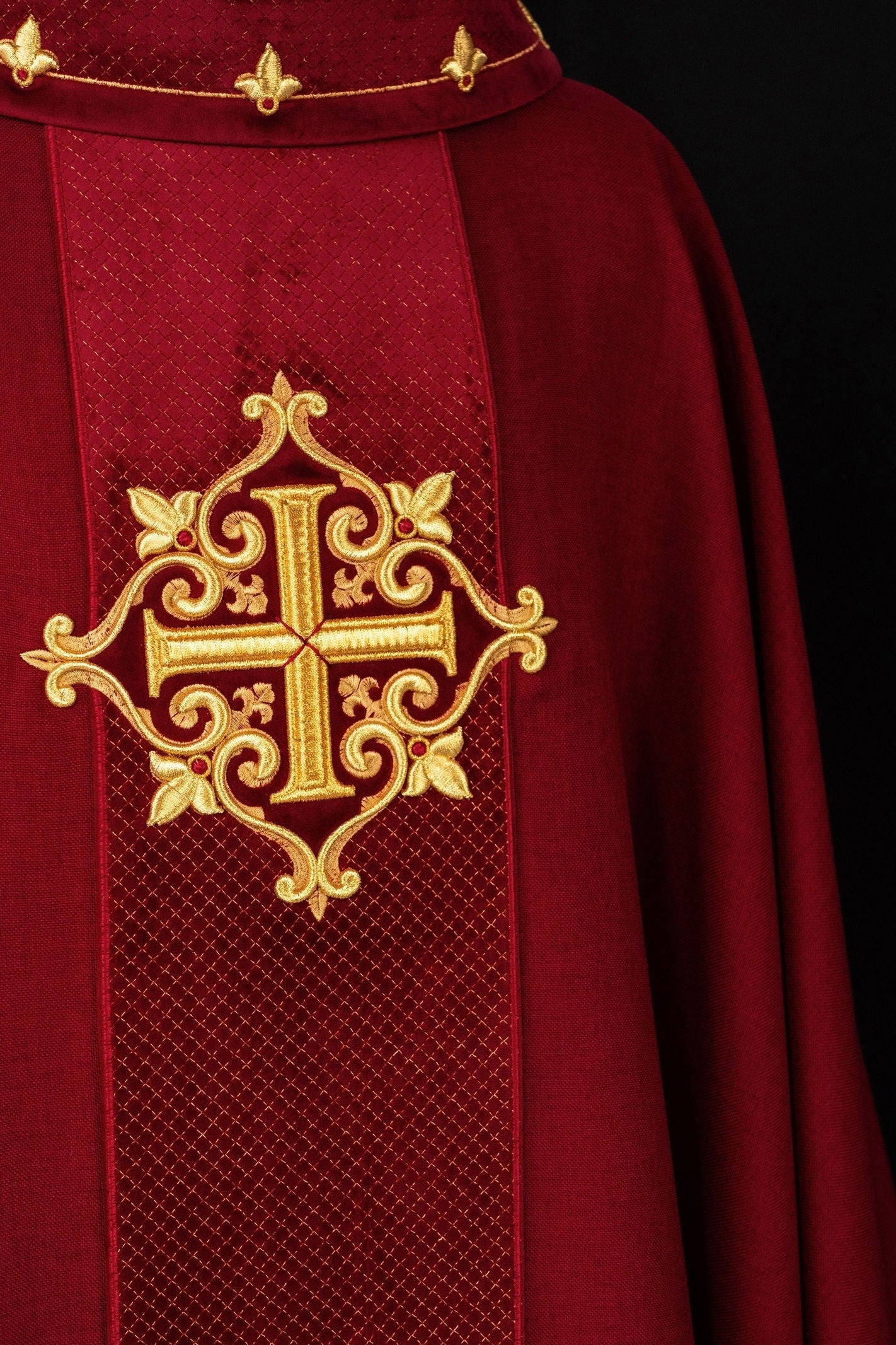 Chasuble with Velvet Red Band and Cross Embroidery