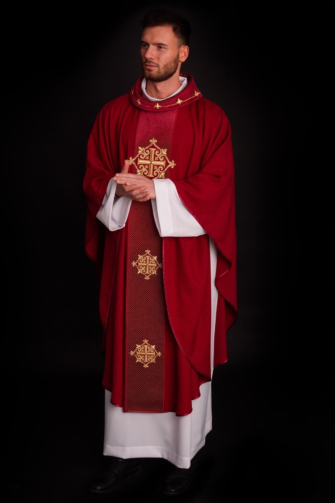 Chasuble with Velvet Red Band and Cross Embroidery