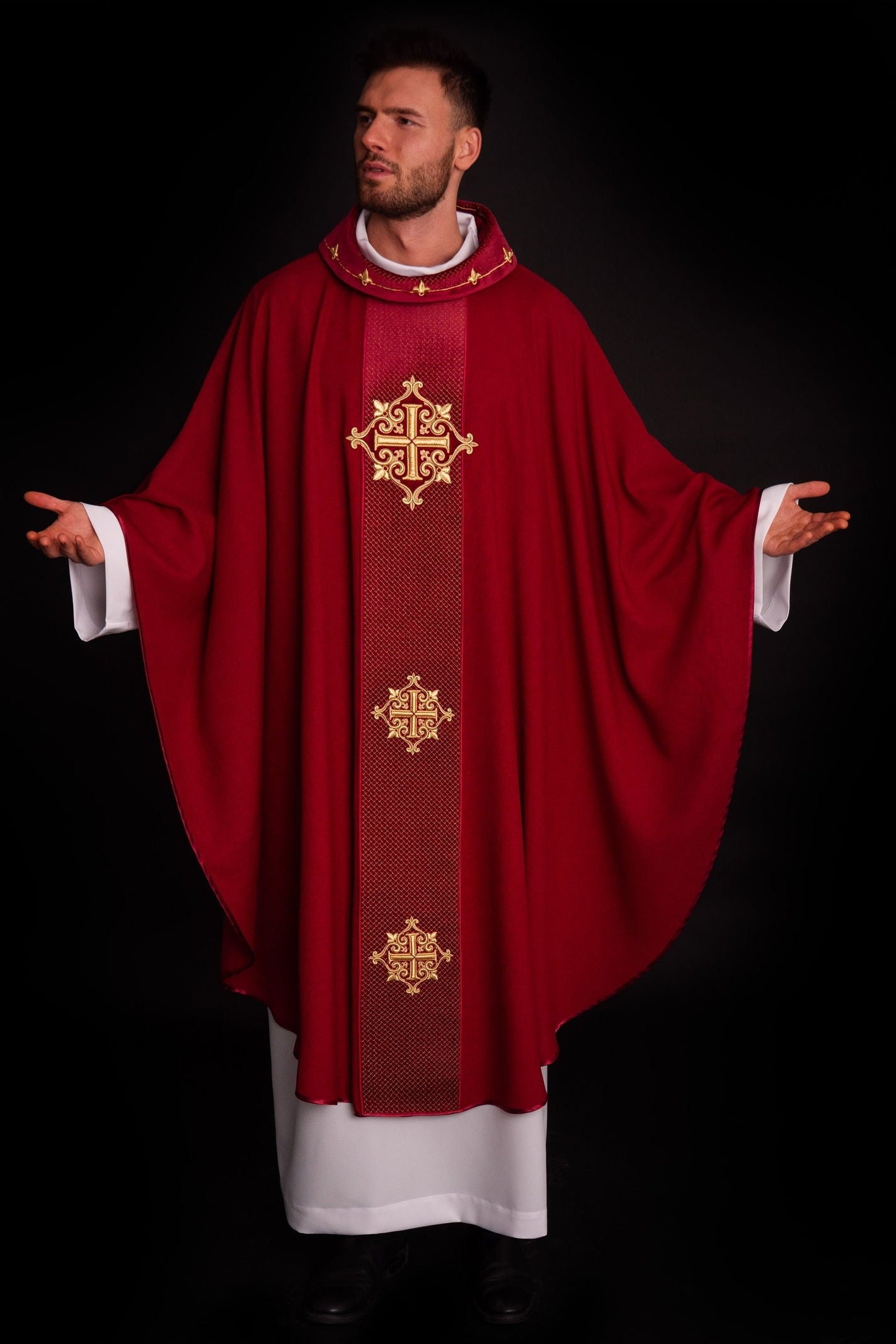 Chasuble with Velvet Red Band and Cross Embroidery