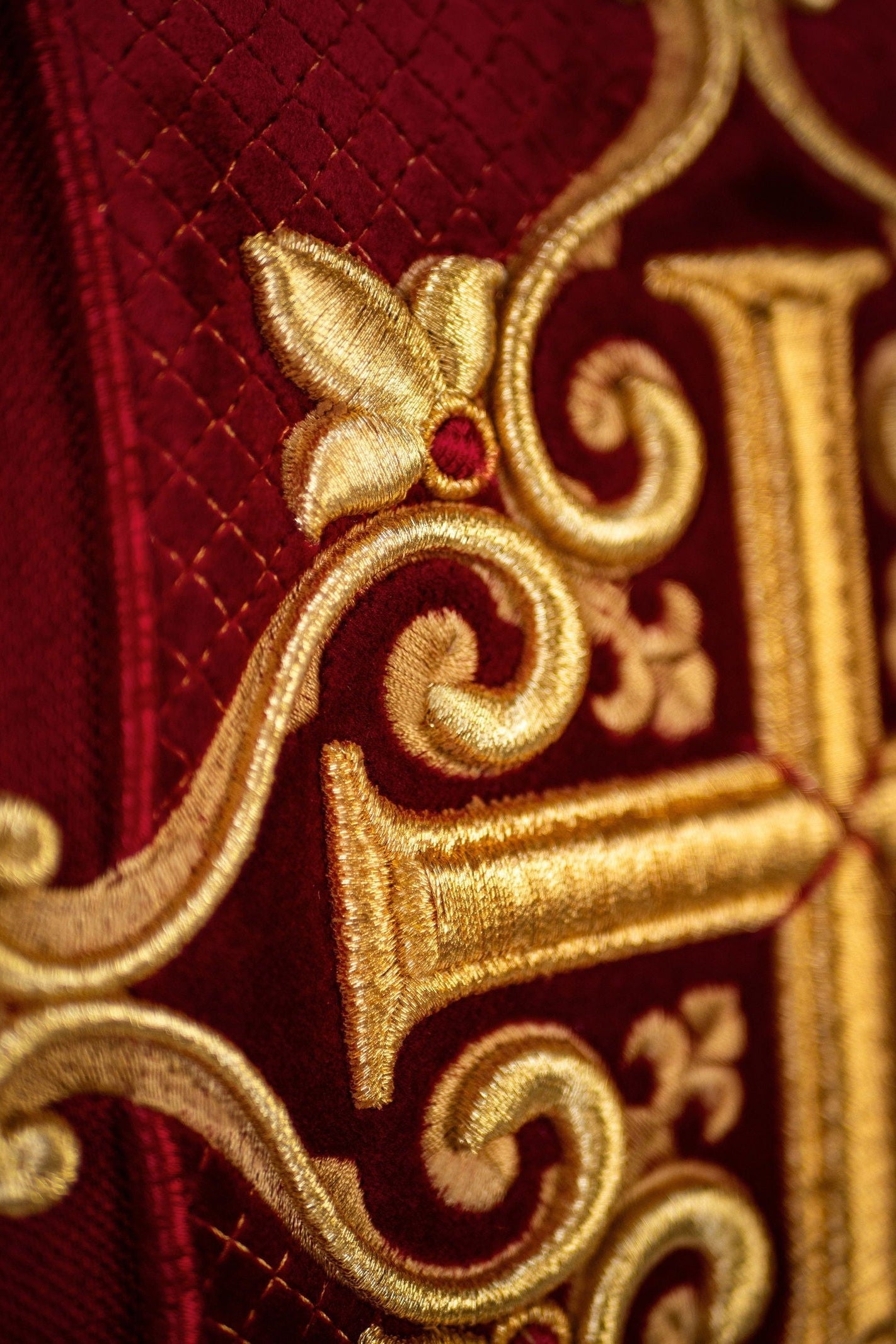 Chasuble with Velvet Red Band and Cross Embroidery