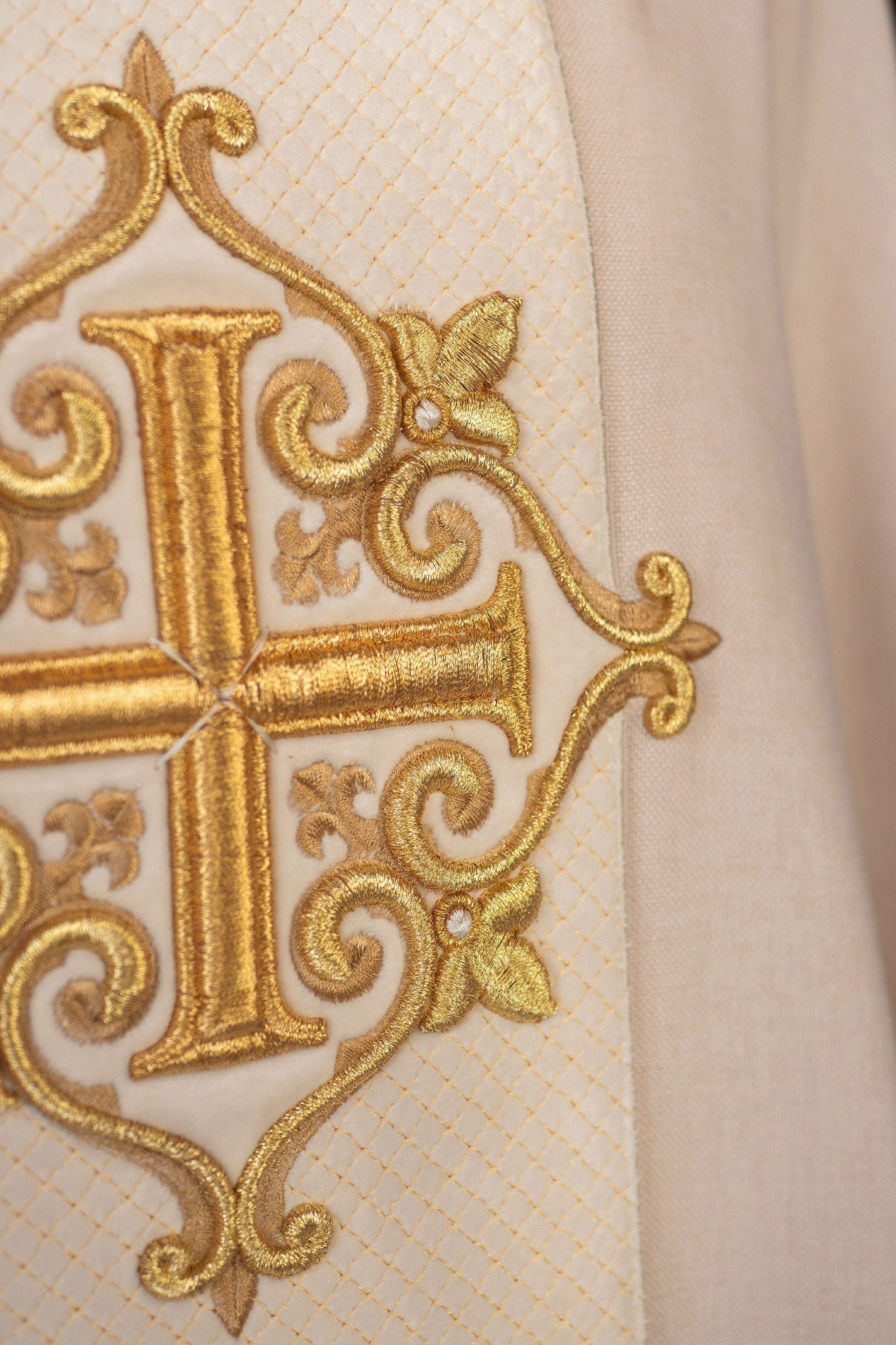 Chasuble with Velvet Ecru Band and Cross Embroidery