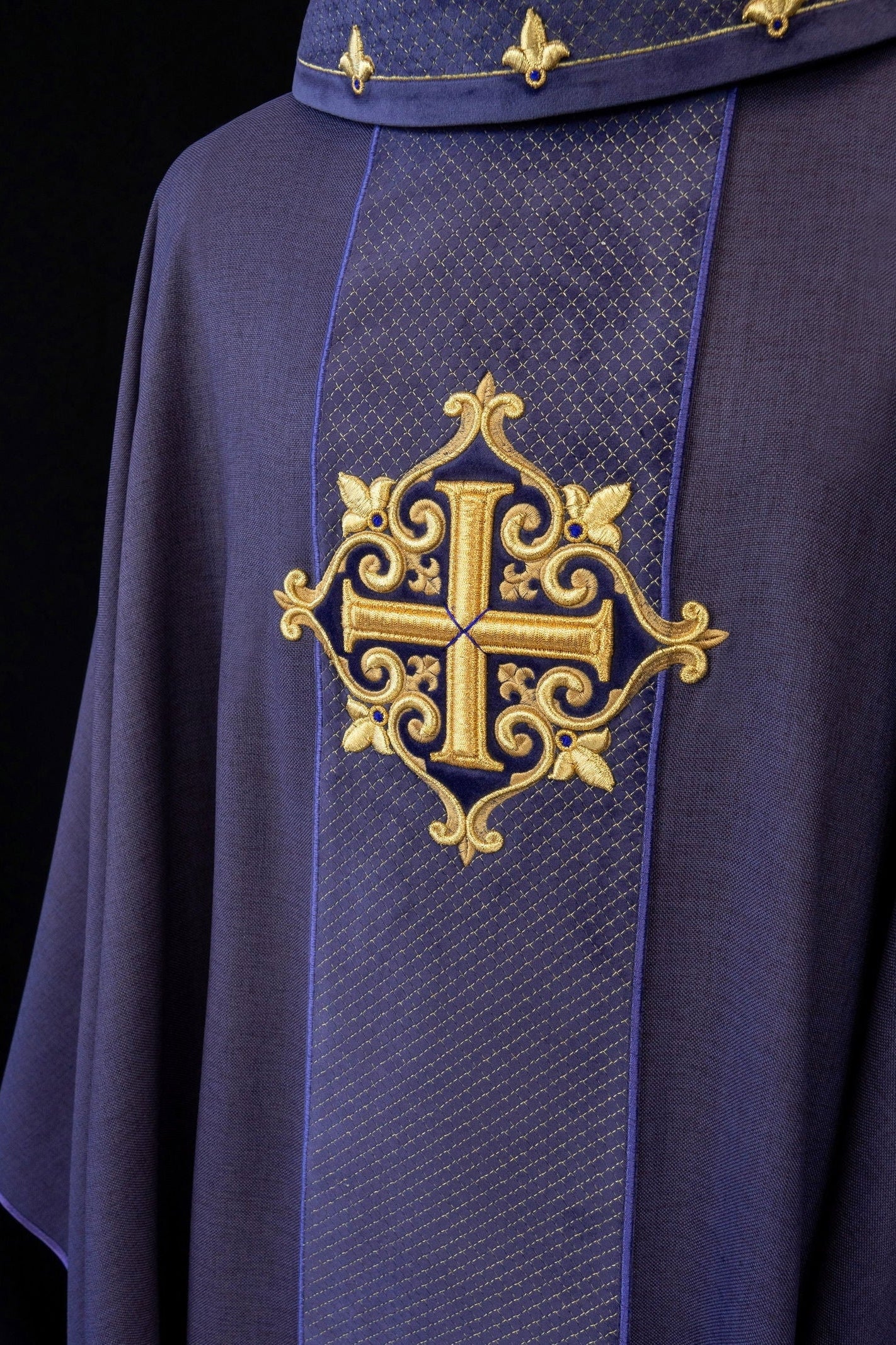 Chasuble with Velvet Purple Band and Cross Embroidery