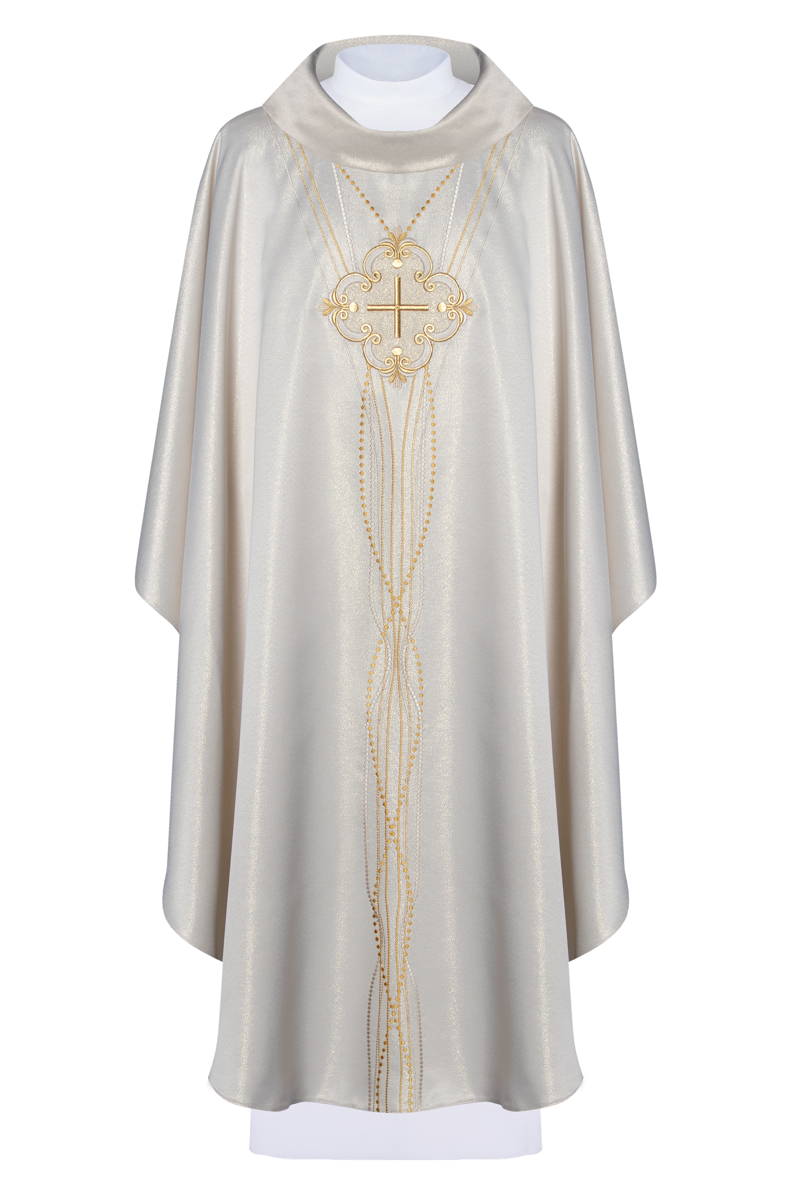 Chasuble made of shiny fabric inspired by the rosary