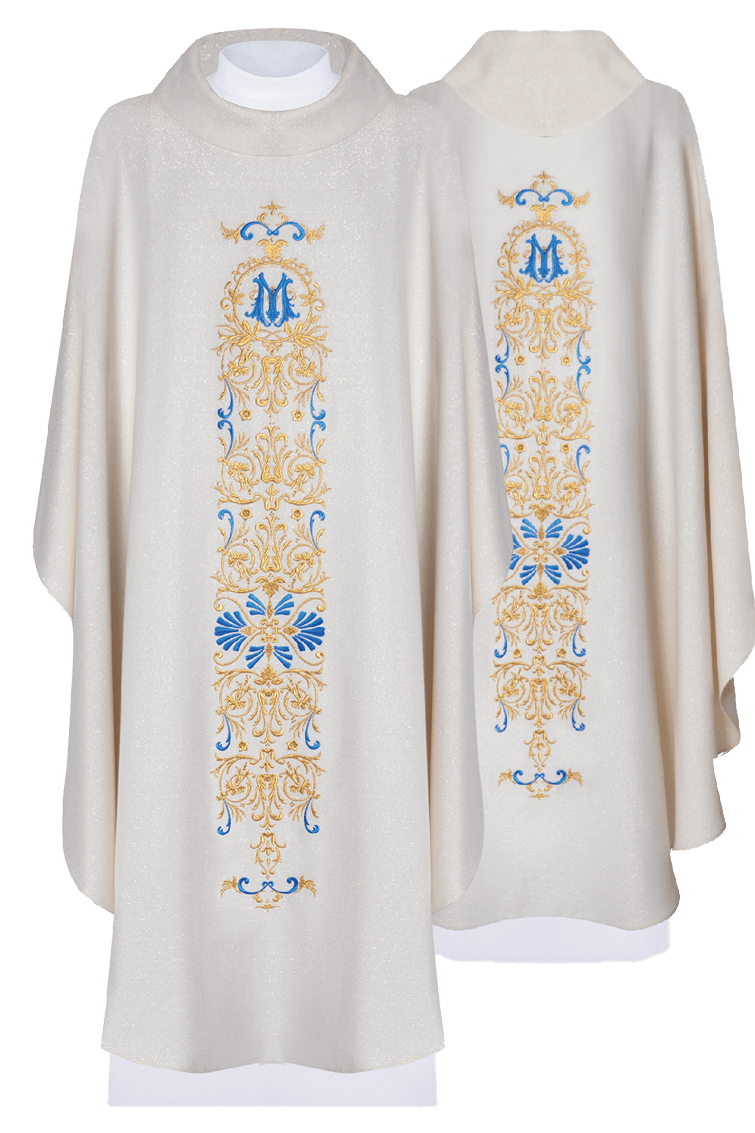 Chasuble of brocade fabric with embroidered symbol of the Virgin Mary