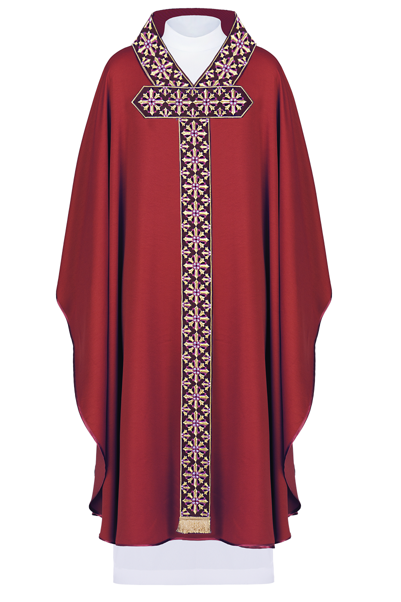 Red chasuble with cross neck and shiny embroidery