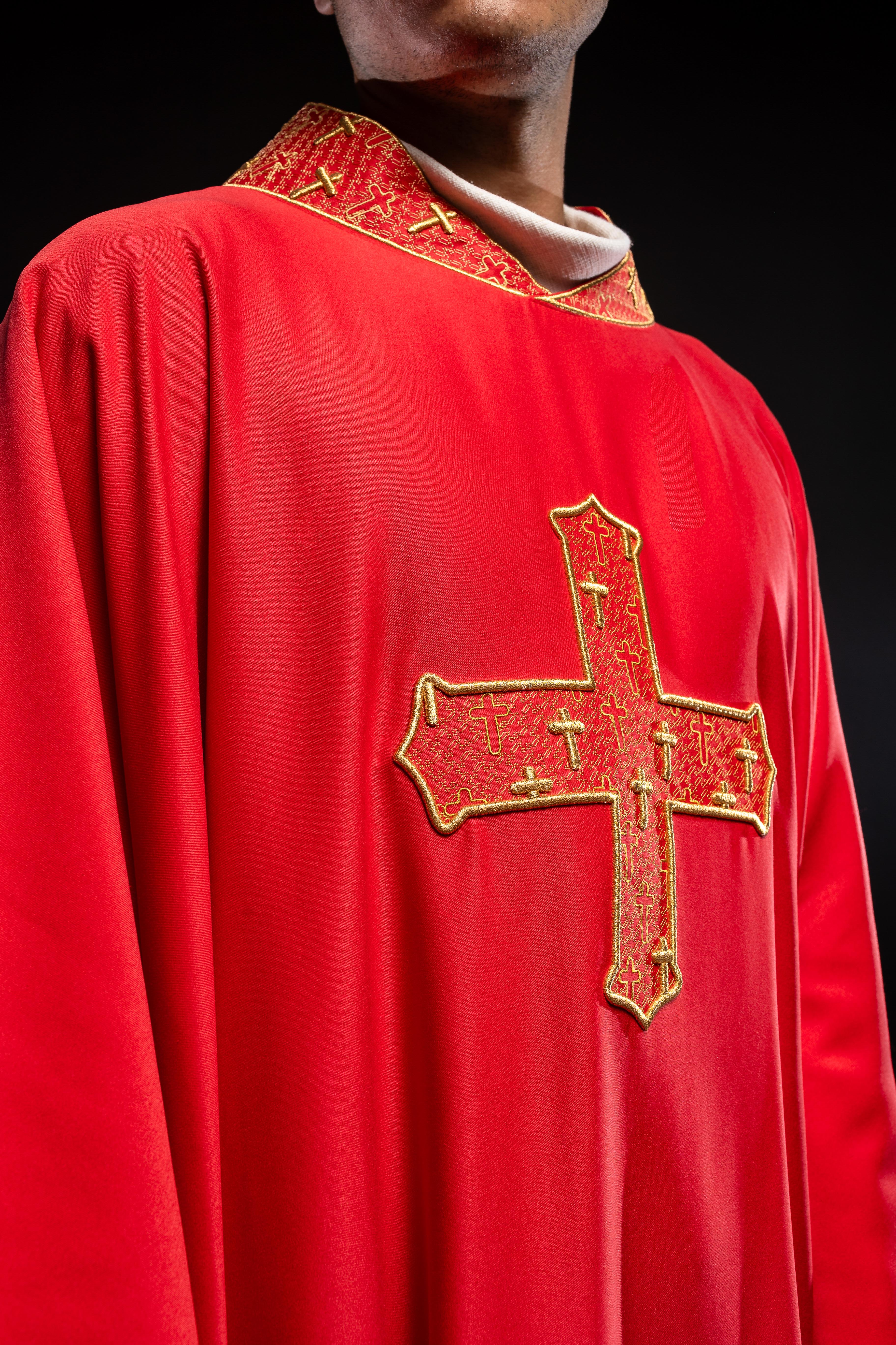 Red priest vestment with collar embroidered with gold crossess