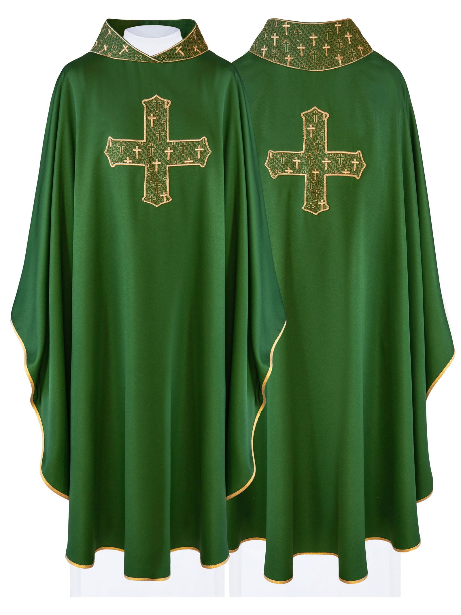 Chasuble with richly embroidered cross and collar in green