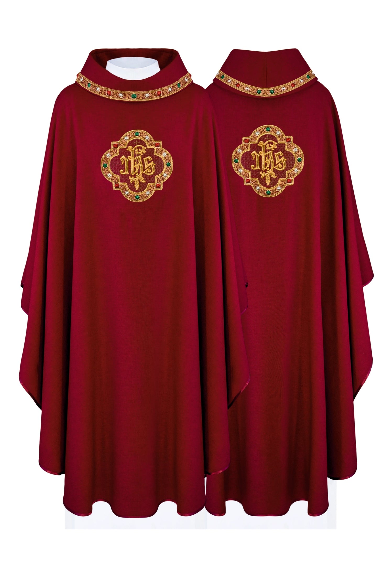 Red priest vestment with classic JHS symbol and embroidered collar