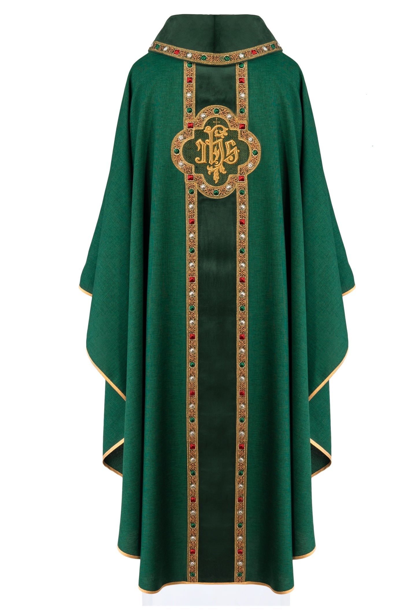 Chasuble with richly embroidered belt and piping around the IHS I collar embroidery in green