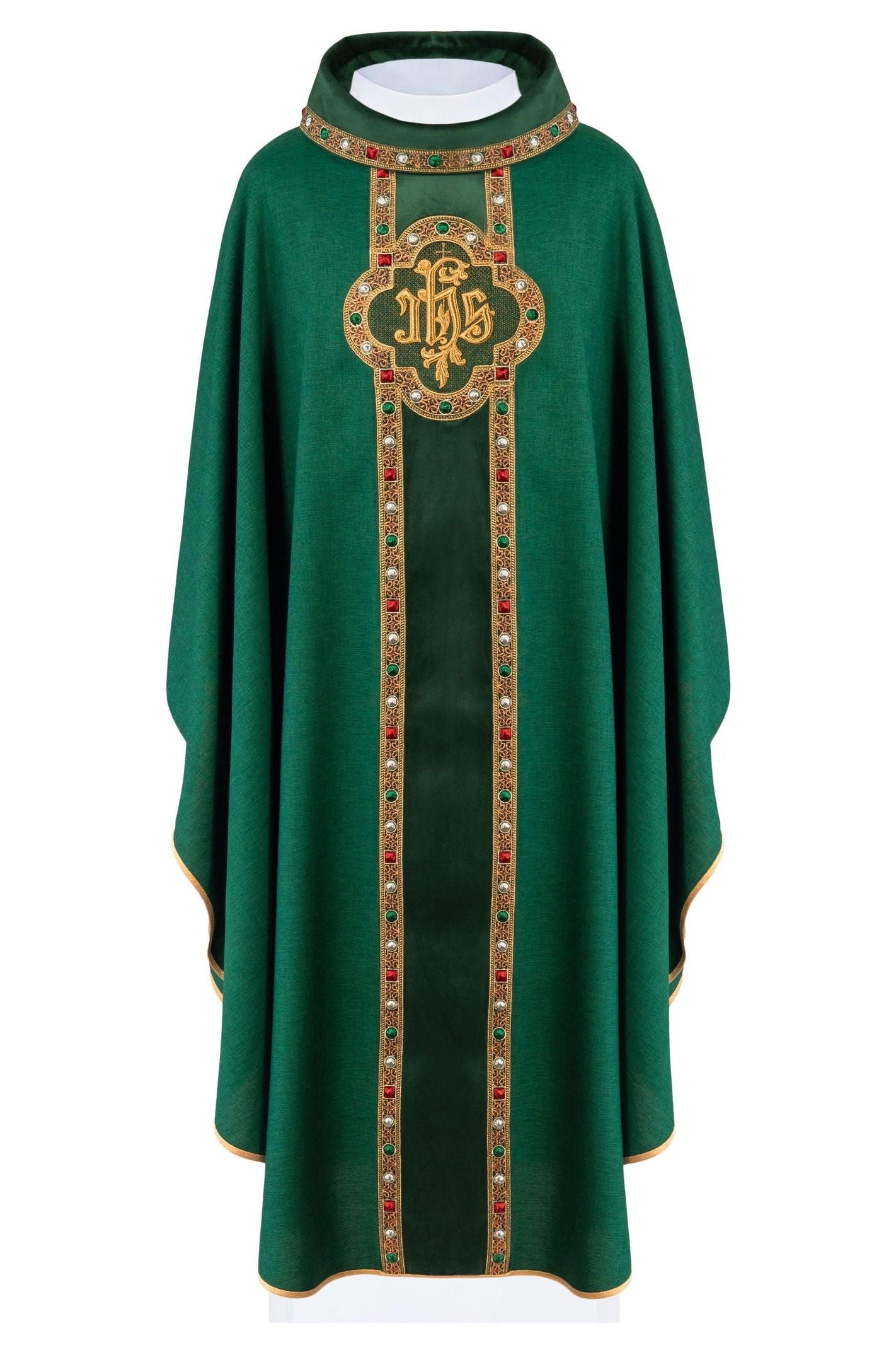 Chasuble with richly embroidered belt and piping around the IHS I collar embroidery in green