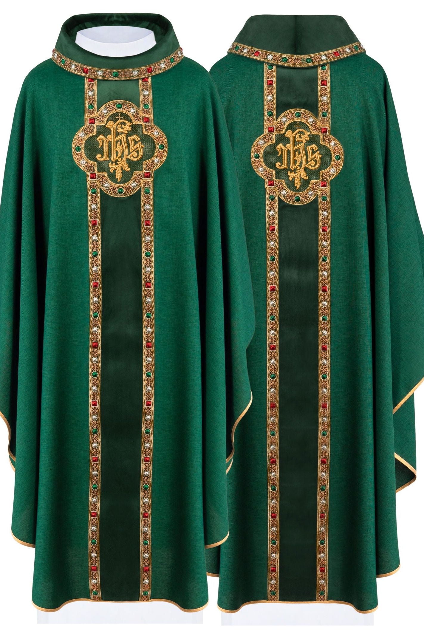 Chasuble with richly embroidered belt and piping around the IHS I collar embroidery in green