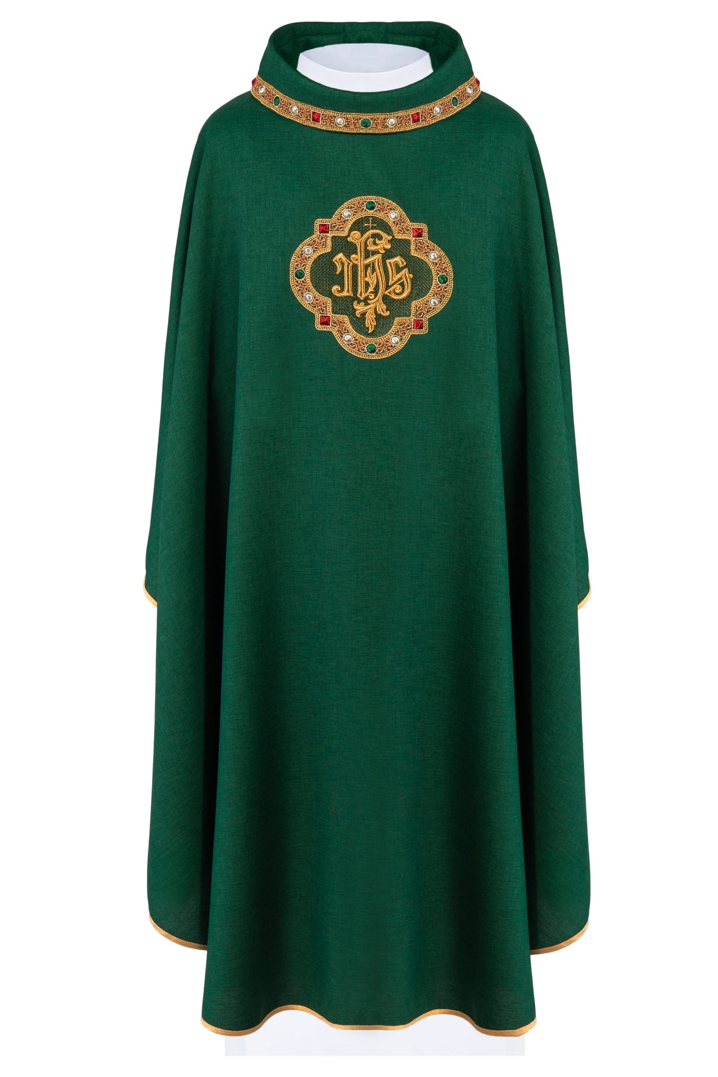 Chasuble with richly embroidered belt and piping around the IHS embroidery and collar in green