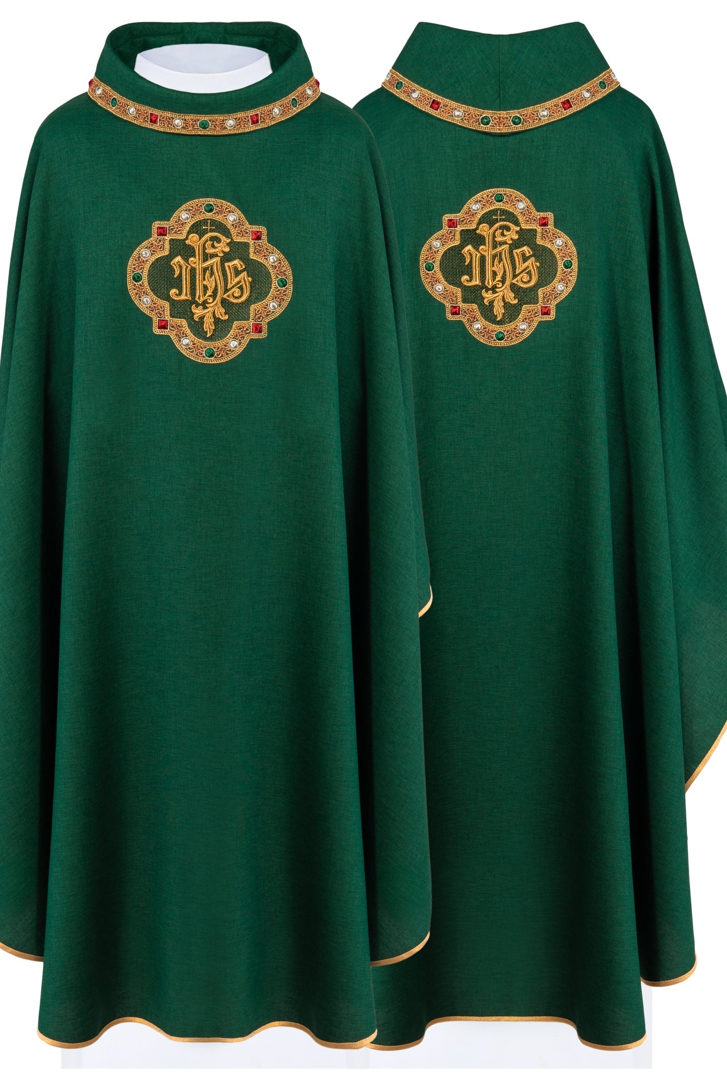 Chasuble with richly embroidered belt and piping around the IHS embroidery and collar in green