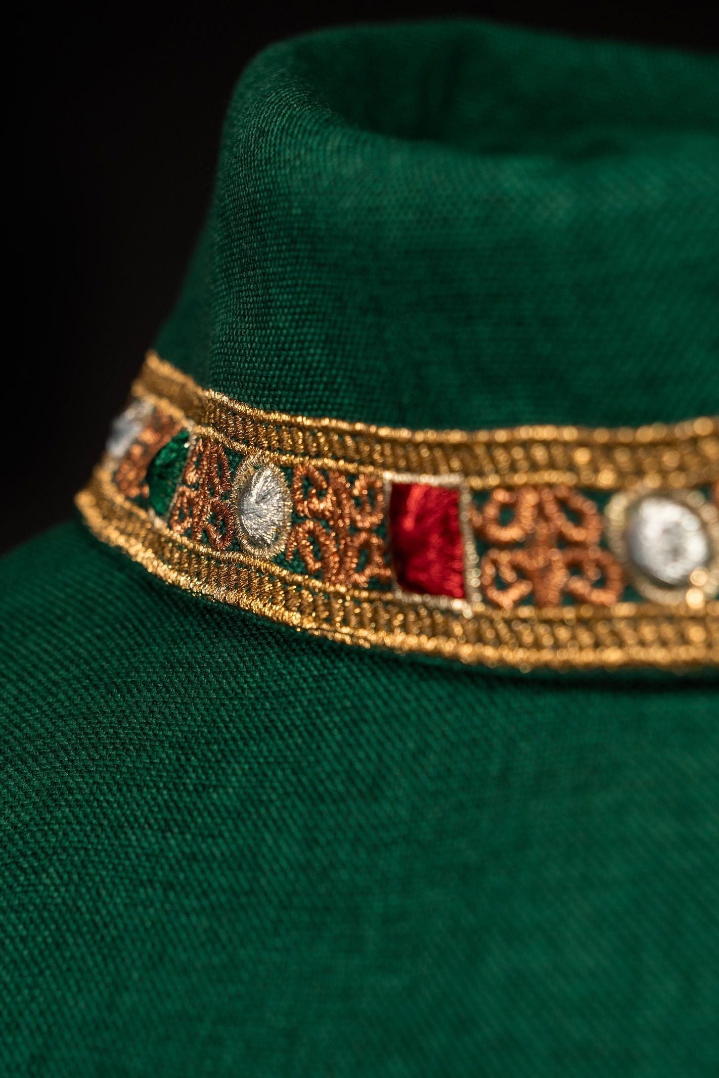 Chasuble with richly embroidered belt and piping around the IHS embroidery and collar in green