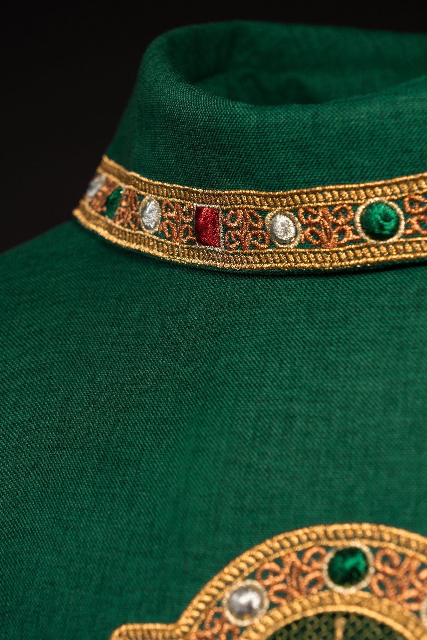 Chasuble with richly embroidered belt and piping around the IHS embroidery and collar in green