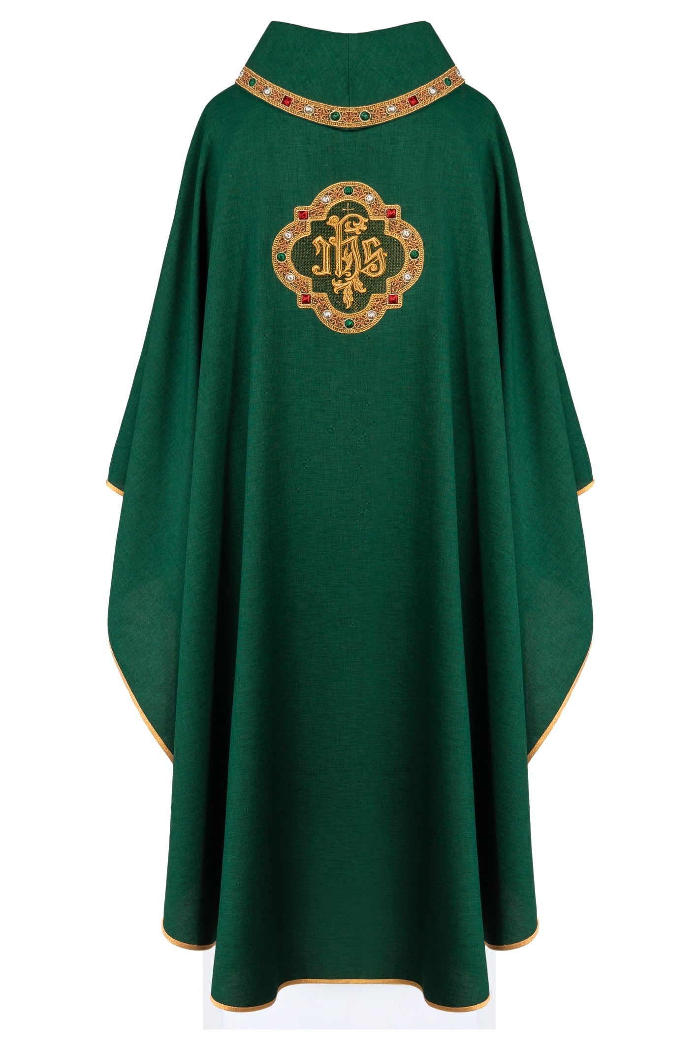 Chasuble with richly embroidered belt and piping around the IHS embroidery and collar in green