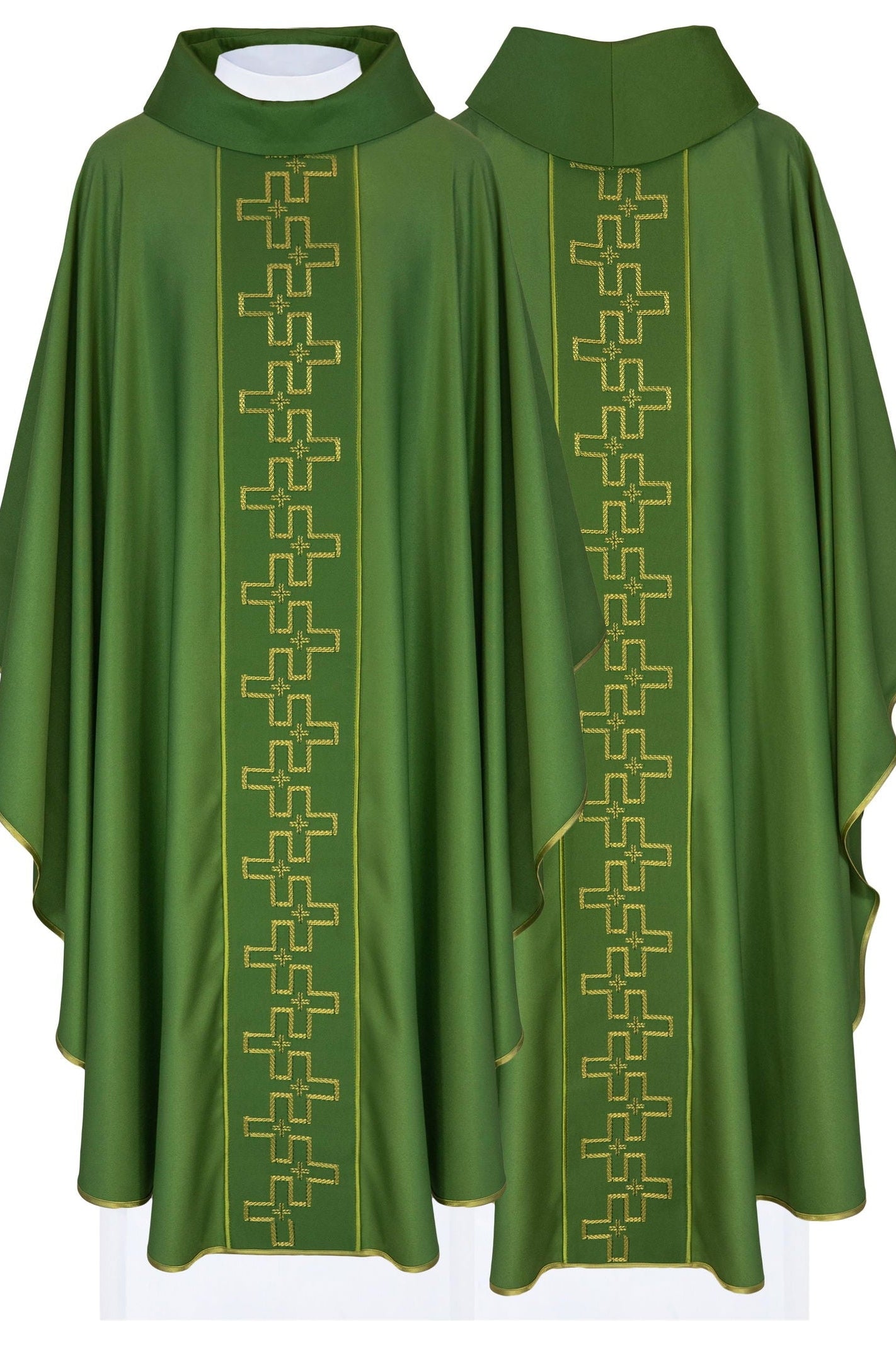 Chasuble with richly embroidered belt in embroidery of crosses in green color