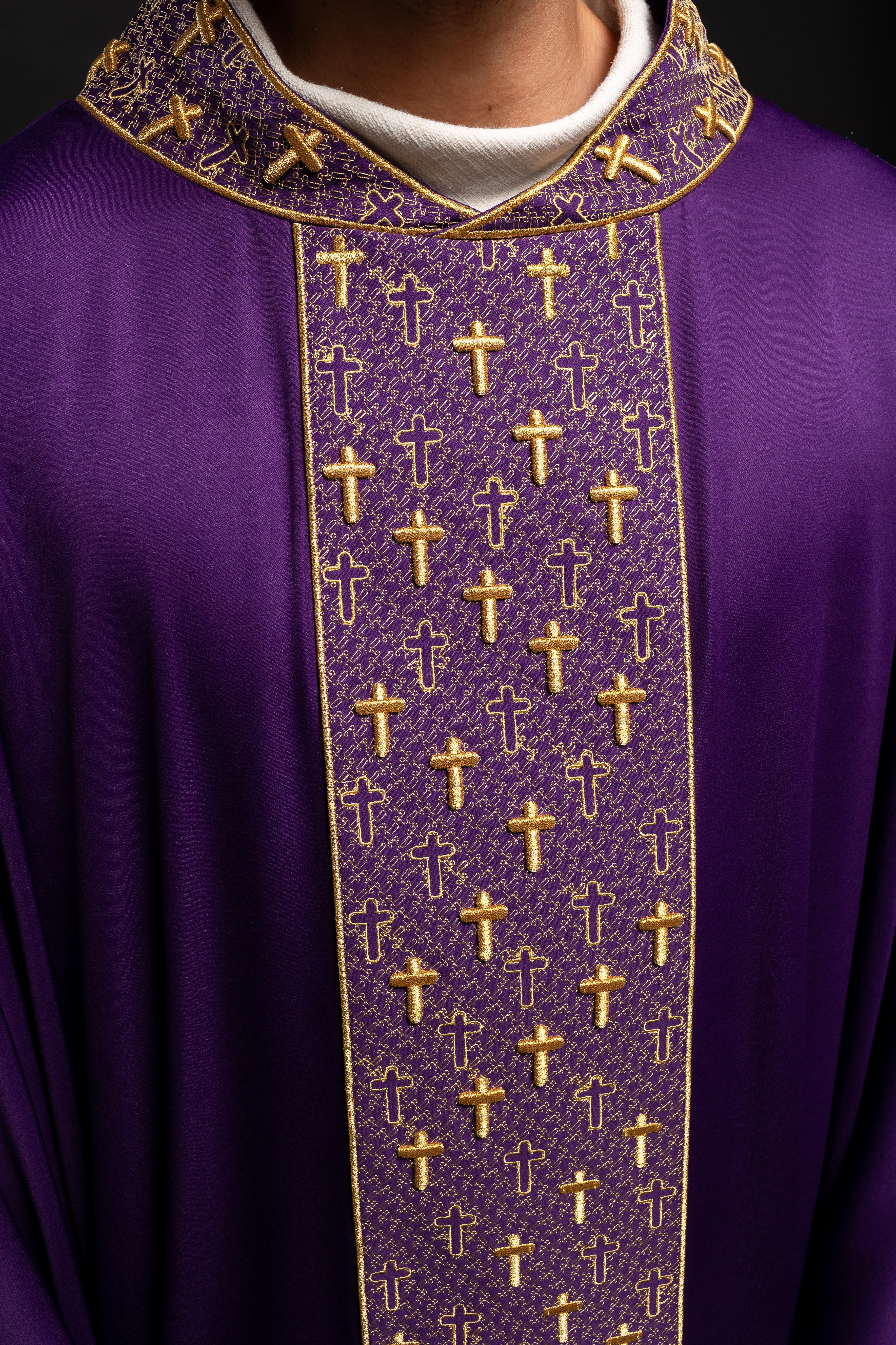 Purple chasuble with gold cross embroidery on wide orphrey and collar