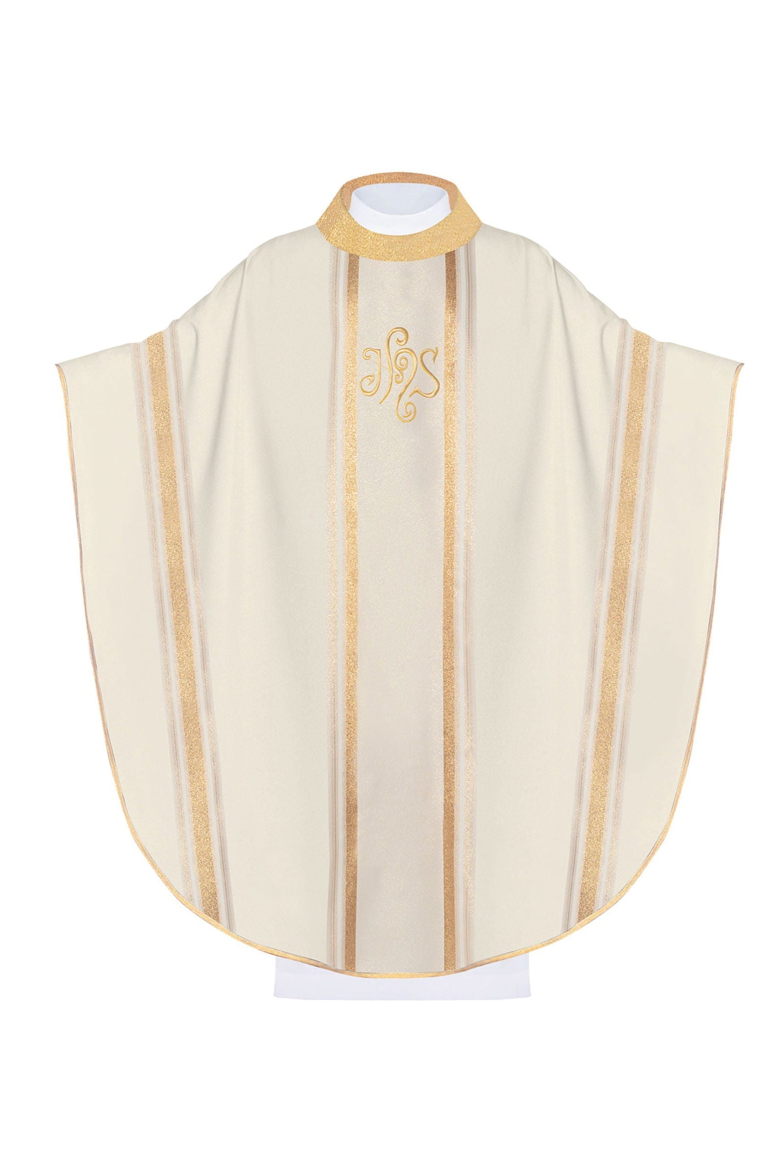 Chasuble embroidered with IHS motif with gilding in ecru