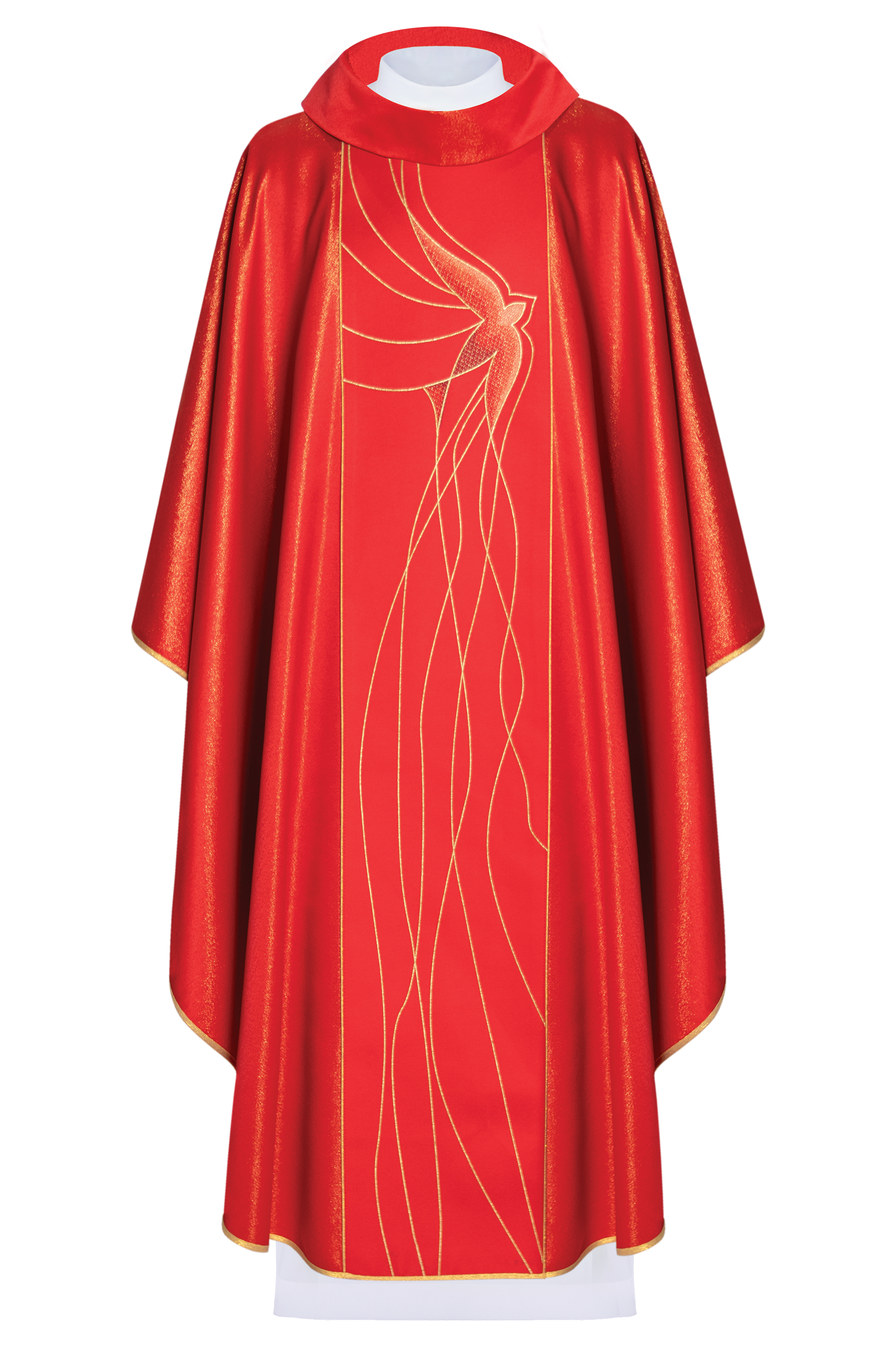 Chasuble made of shiny red fabric with a Holy Spirit Dove