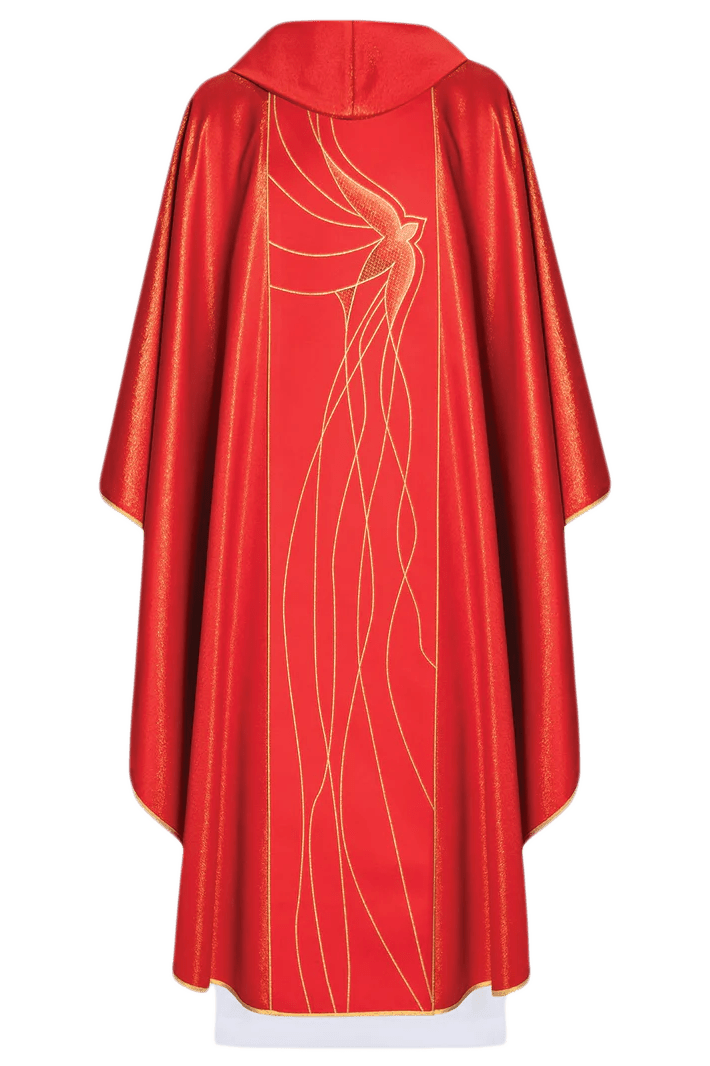 Chasuble made of shiny red fabric with a Holy Spirit Dove