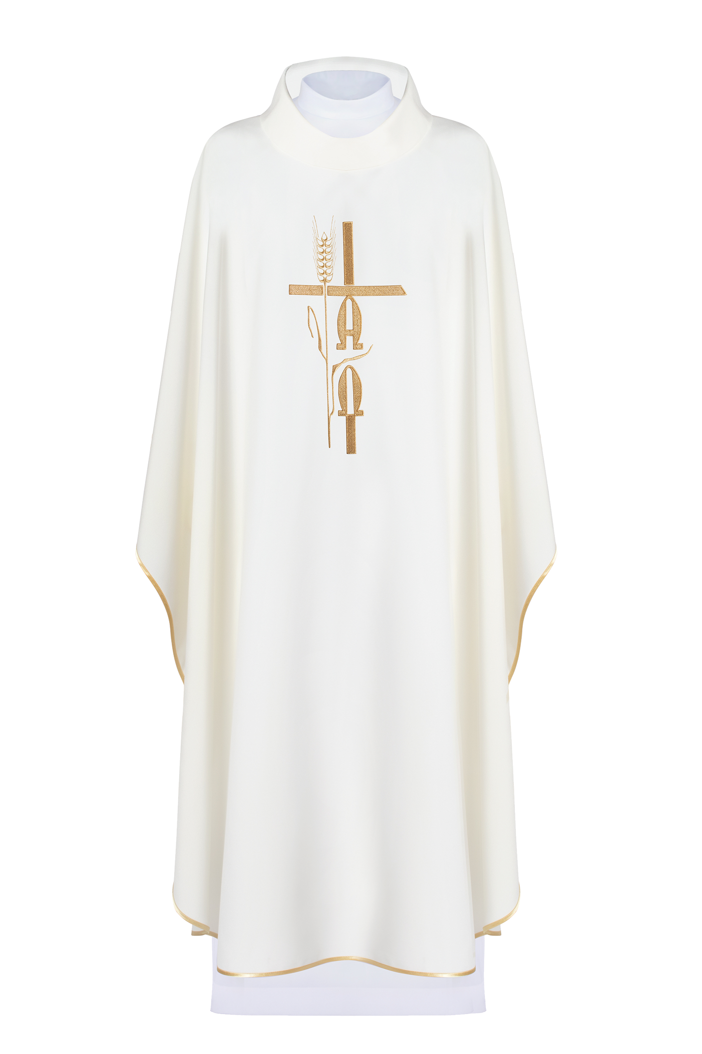 Ecru chasuble with cross and alfa omega symbols