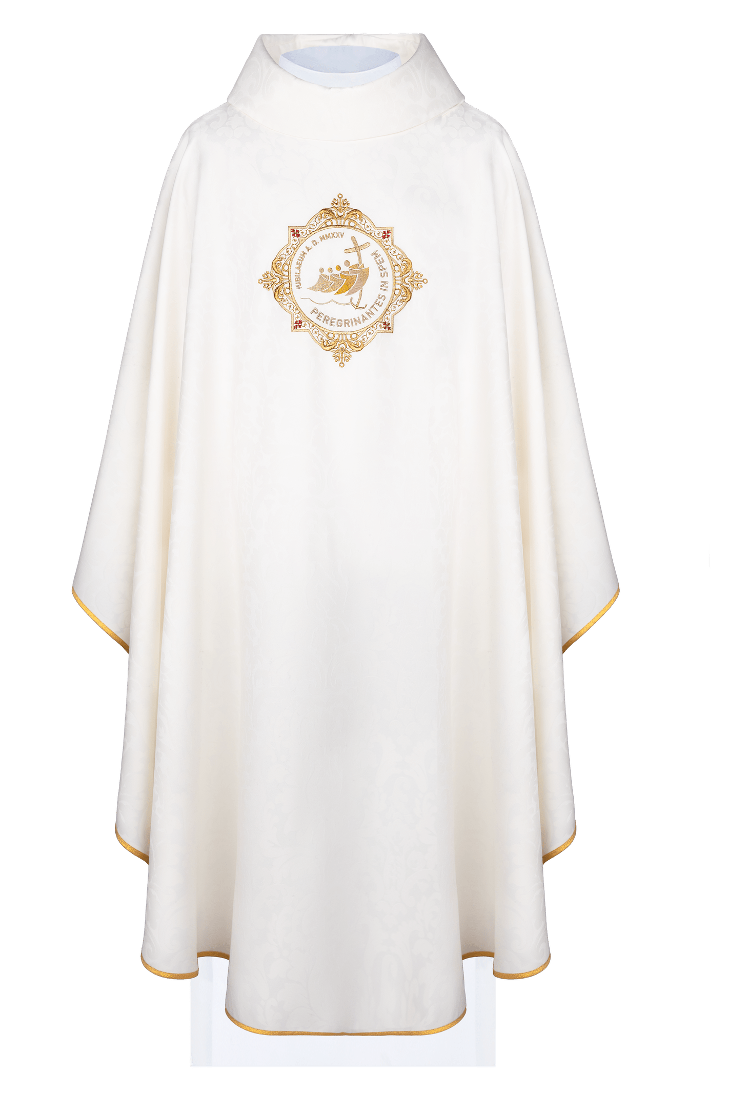 Chasuble with embroidery around the jubilee coat of arms in ecru color