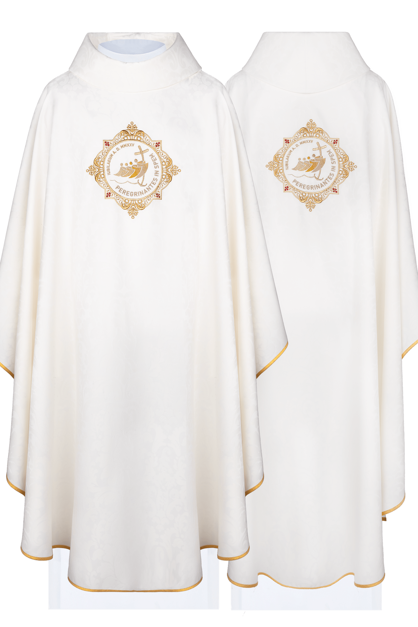 Chasuble with embroidery around the jubilee coat of arms in ecru color