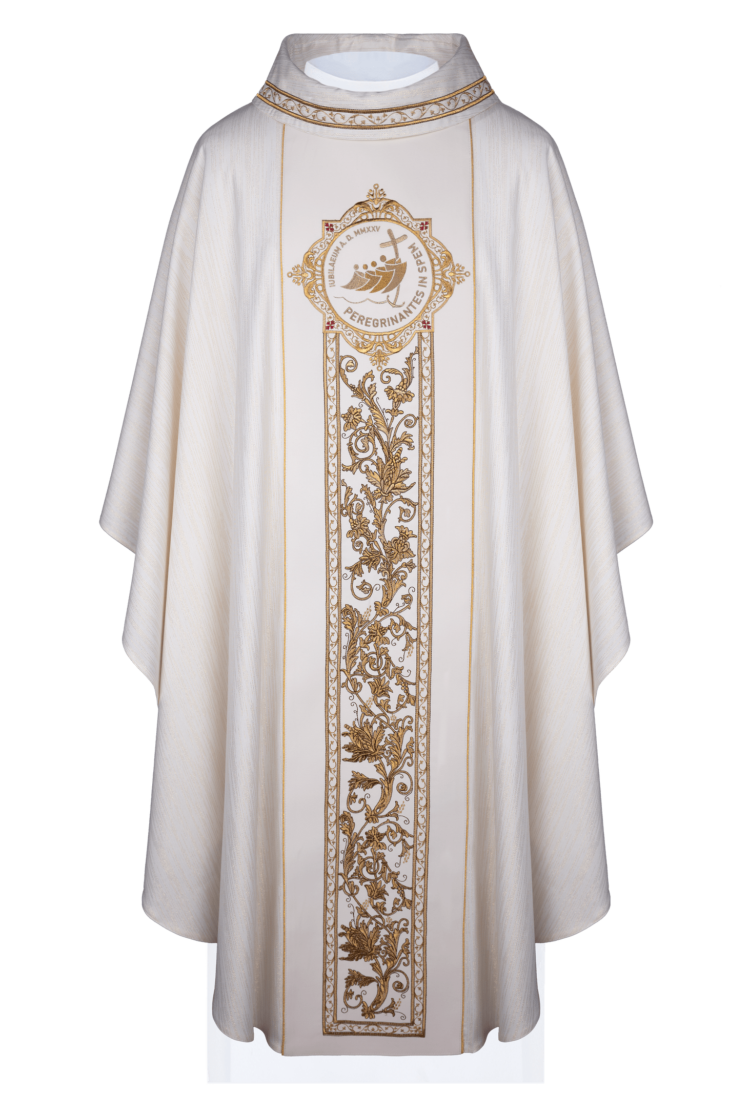 Chasuble with embroidery around the jubilee coat of arms with a rich ecru colored belt