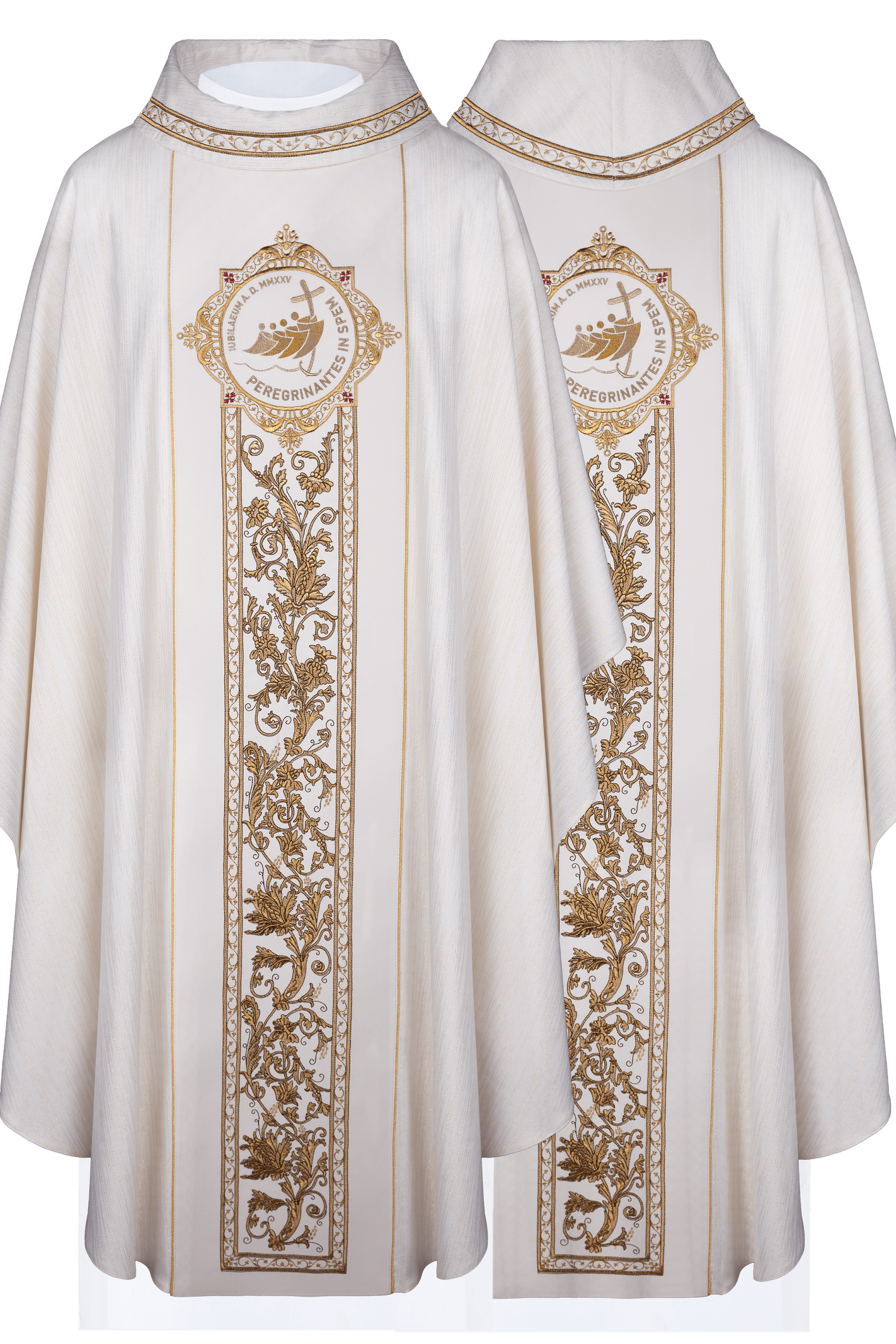 Chasuble with embroidery around the jubilee coat of arms with a rich ecru colored belt