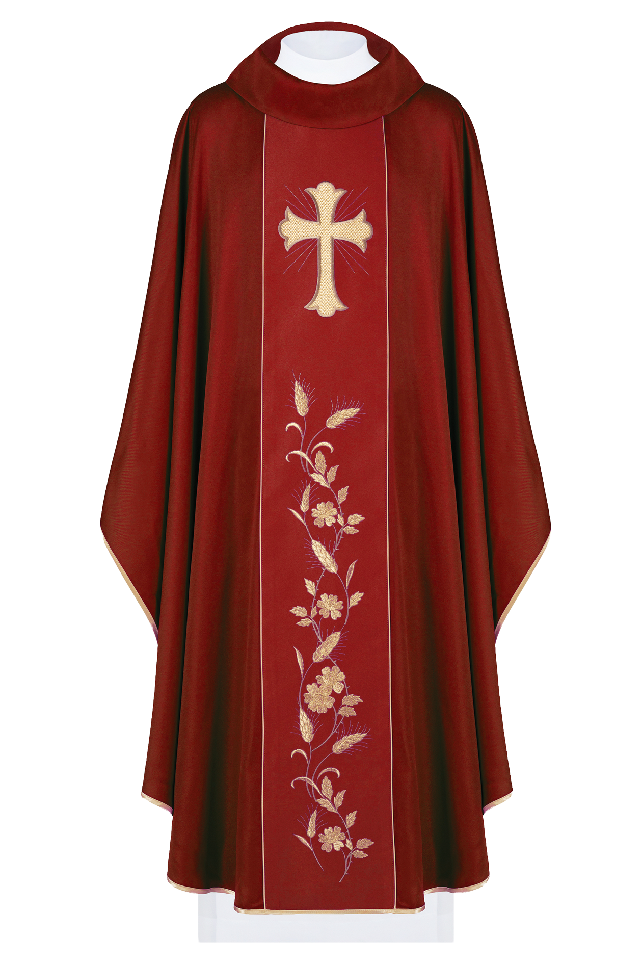 Chasuble with embroidered cross and ears of wheat in red - HAFTINAUSA.COM