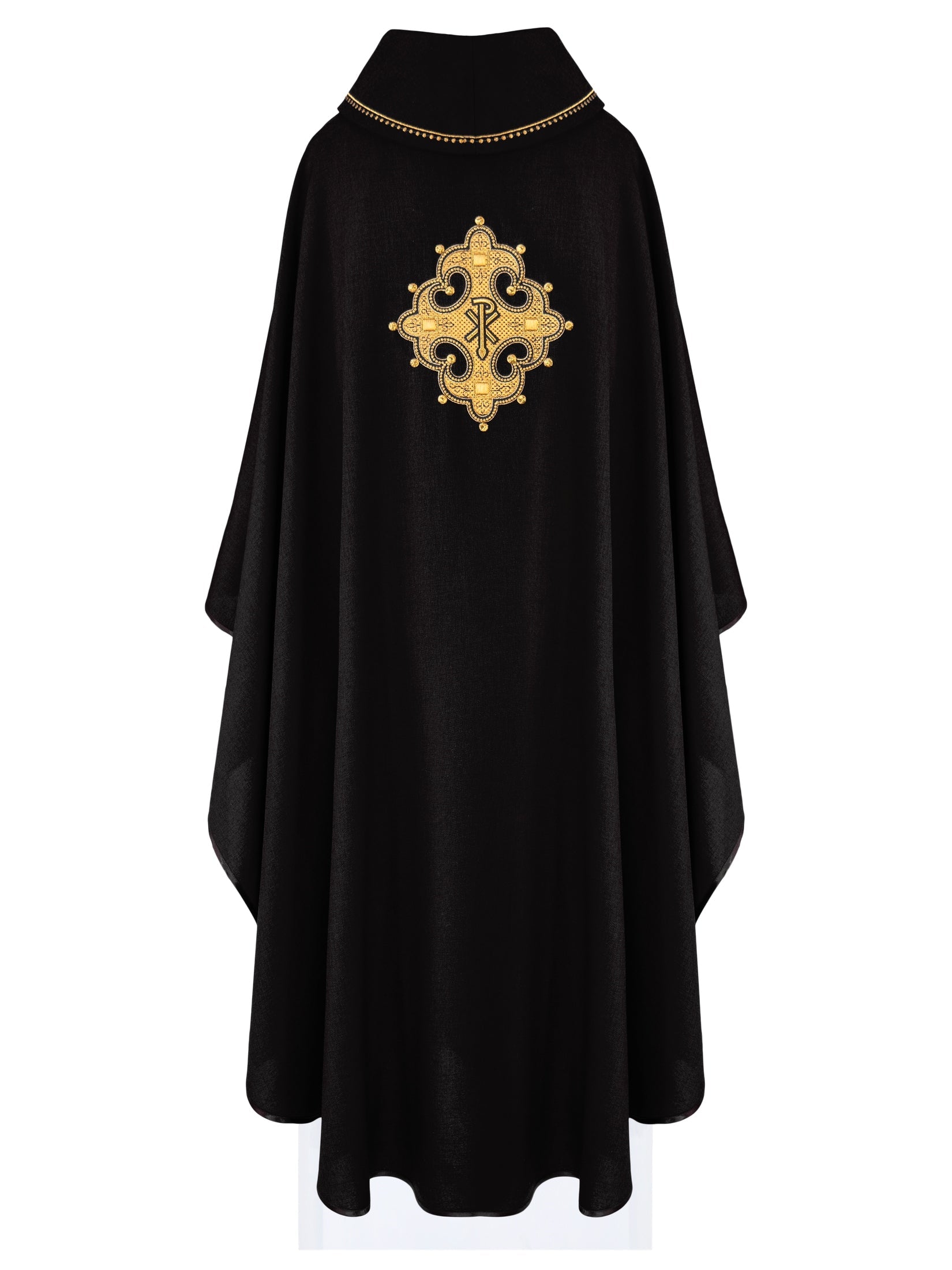 Black chasuble with gold PAX symbol