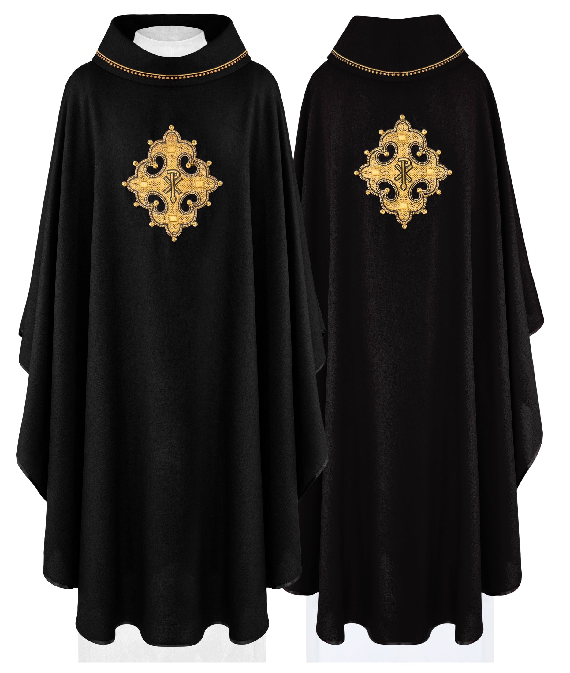 Black chasuble with gold PAX symbol