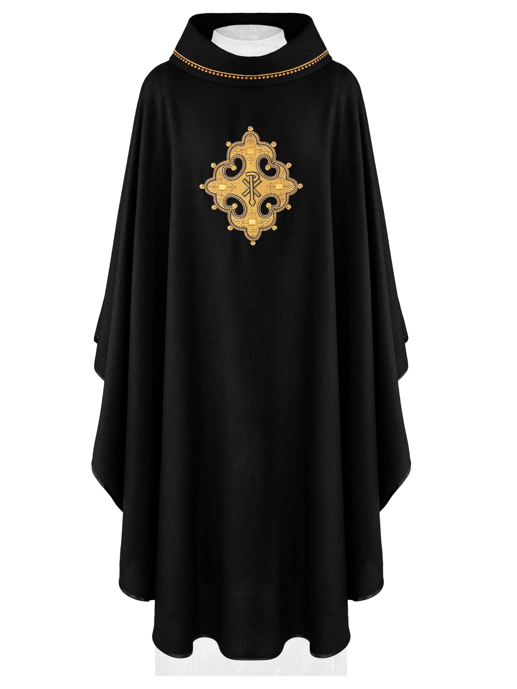 Black chasuble with gold PAX symbol