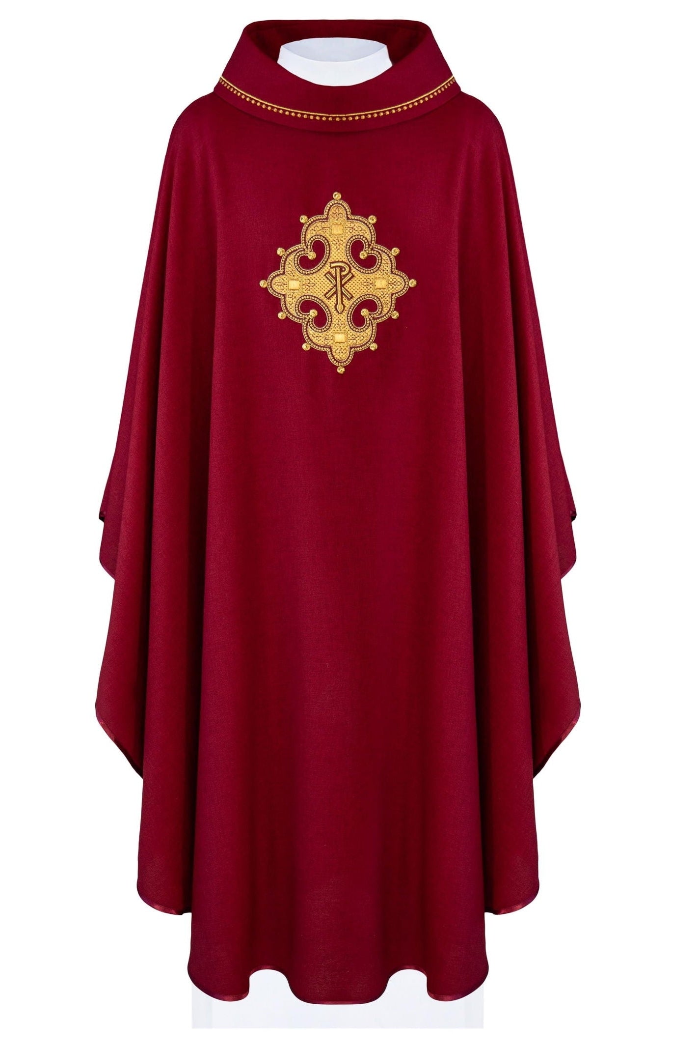 Chasuble with embroidered cross and gold trim on collar in red