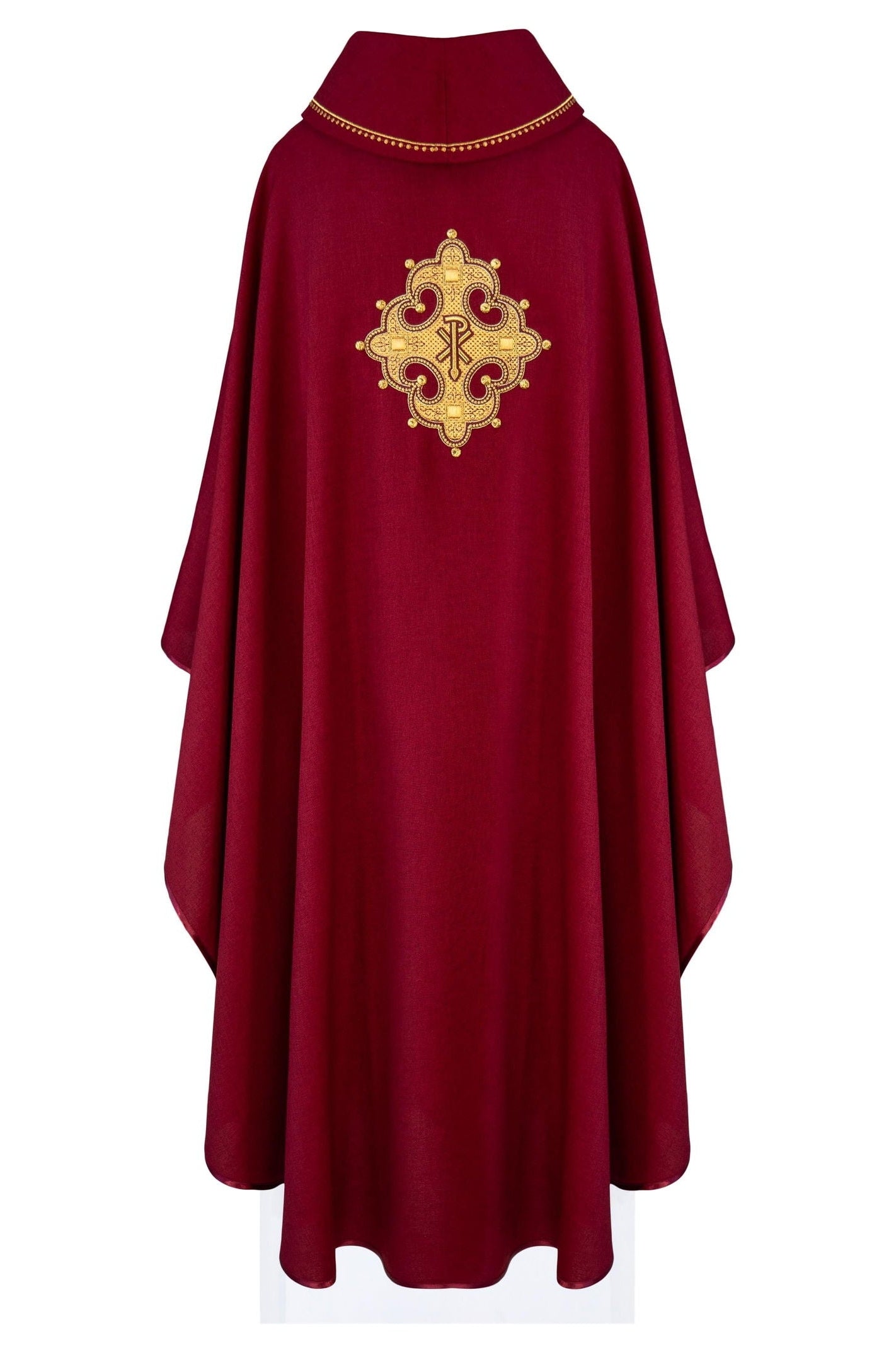 Chasuble with embroidered cross and gold trim on collar in red